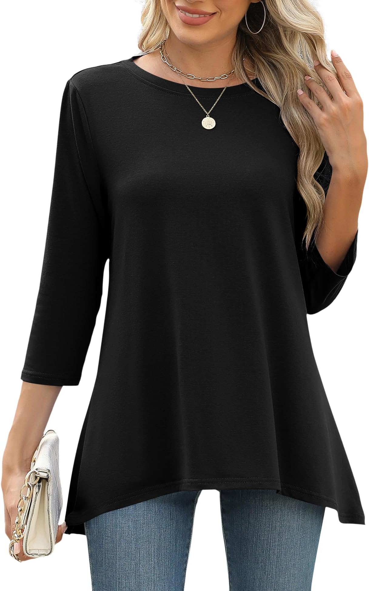 3/4 Sleeve Tunic Tops for Women Loose Fit Dressy Casual Blouse Flowy Shirts to Wear with Leggings S-3XL