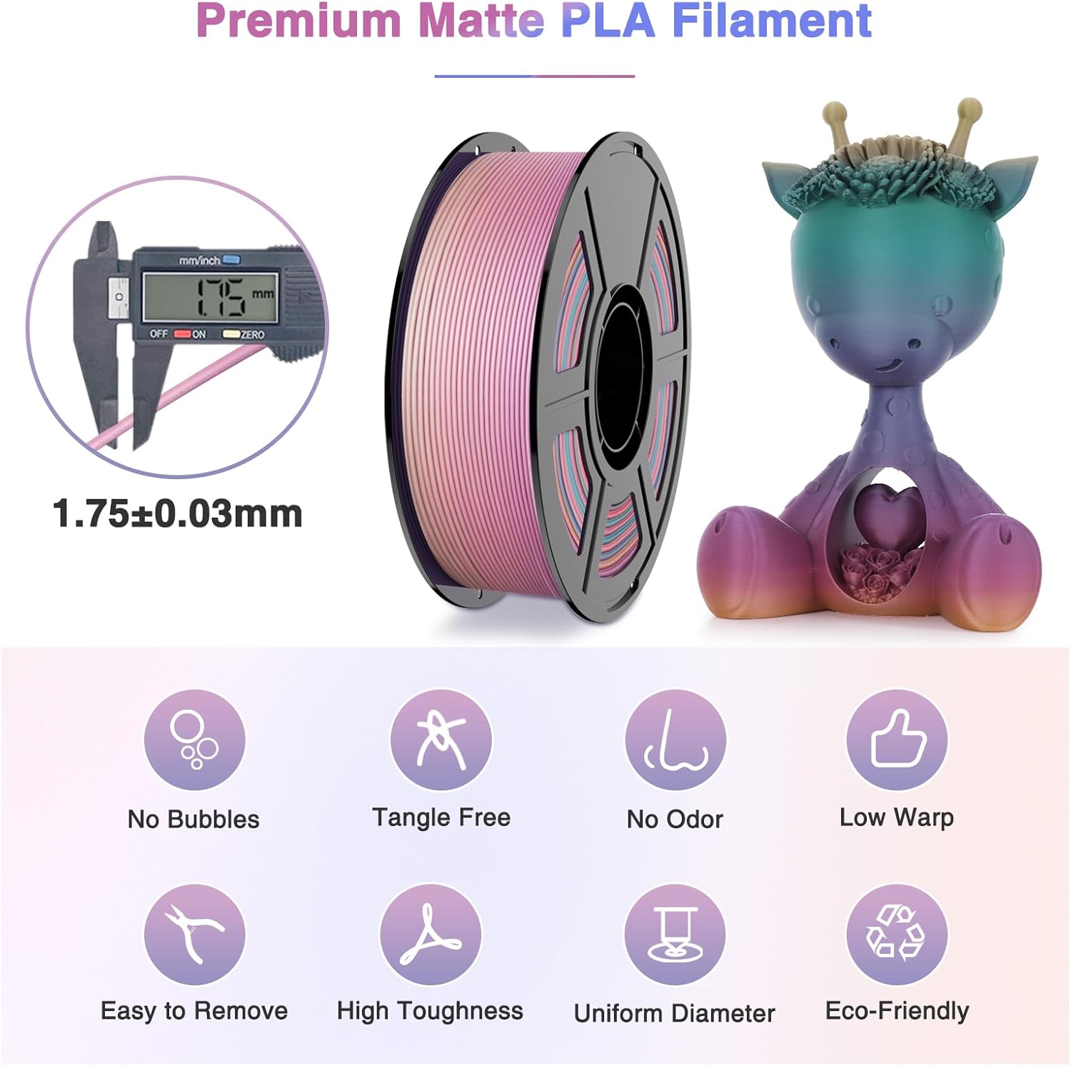 Matte Rainbow PLA Filament 1.75mm, Amoybaby Gradient Rapid PLA Filament 1KG(2.2lbs) Multi-Color Changing 3D Printer Filament for FDM 3D Printers & 3D Pens