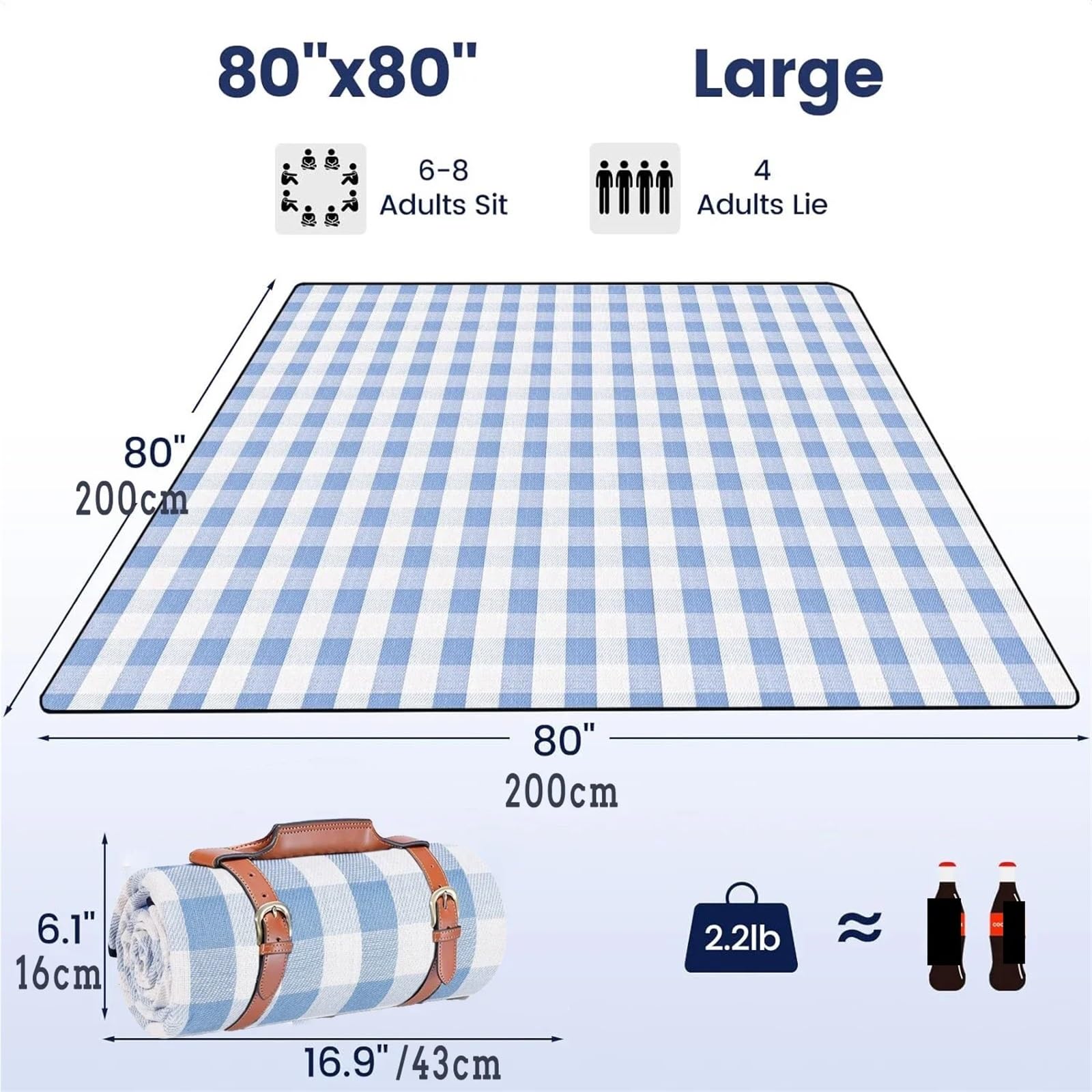 Grande Coperta da Picnic Tappetino da Picnic Impermeabile Tappetino da Spiaggia Pieghevole Parco da Campeggio all'aperto, Spiaggia per Campeggio(Blue White Grids,200cm X 200cm)
