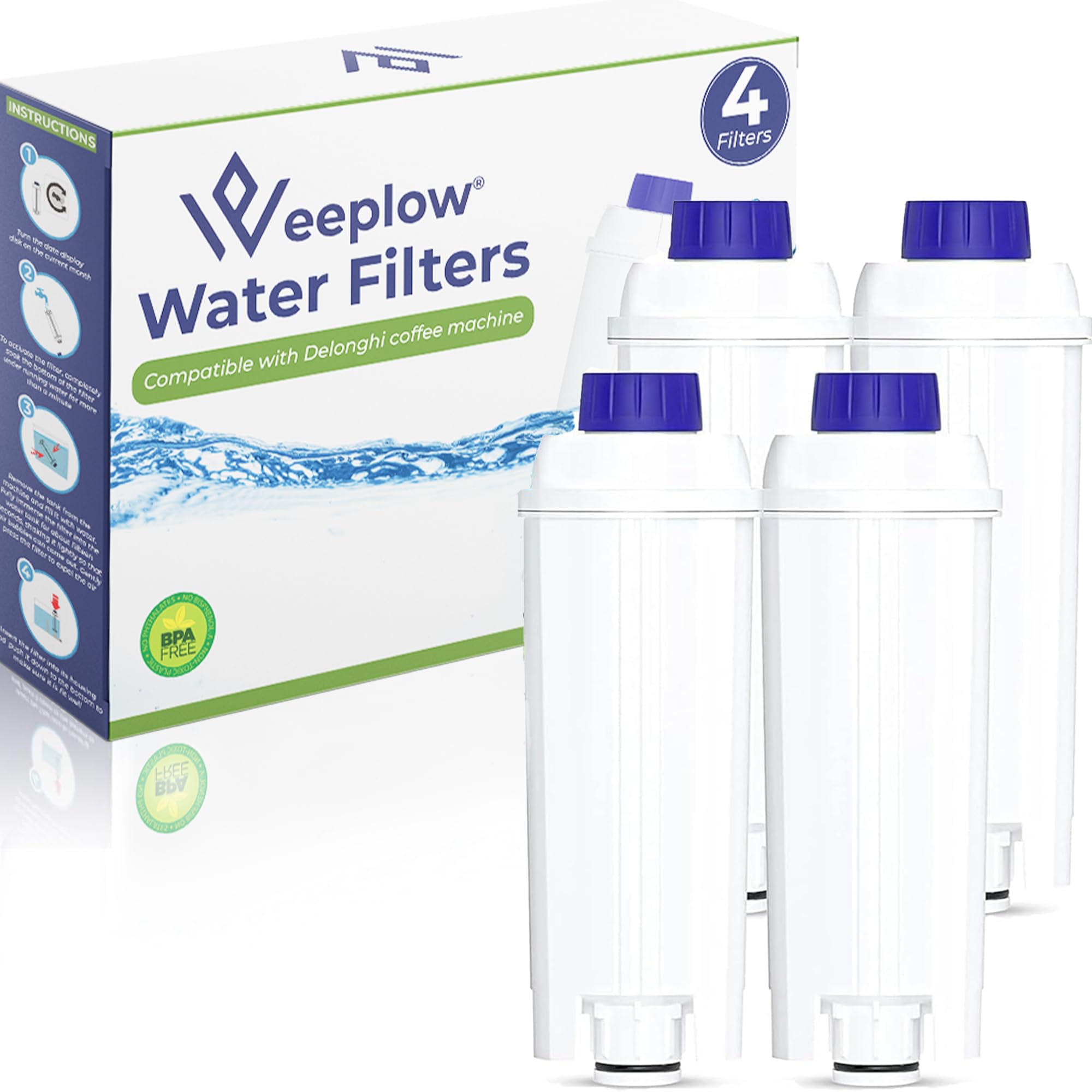 Weeplow – 4 filtri acqua compatibili con DLSC002 per macchine da caffè Delonghi, incluse Magnifica, Dinamica, Autentica, PrimaDonna e molti modelli delle serie ECAM, ESAM, ETAM, BCO ed EC (4)