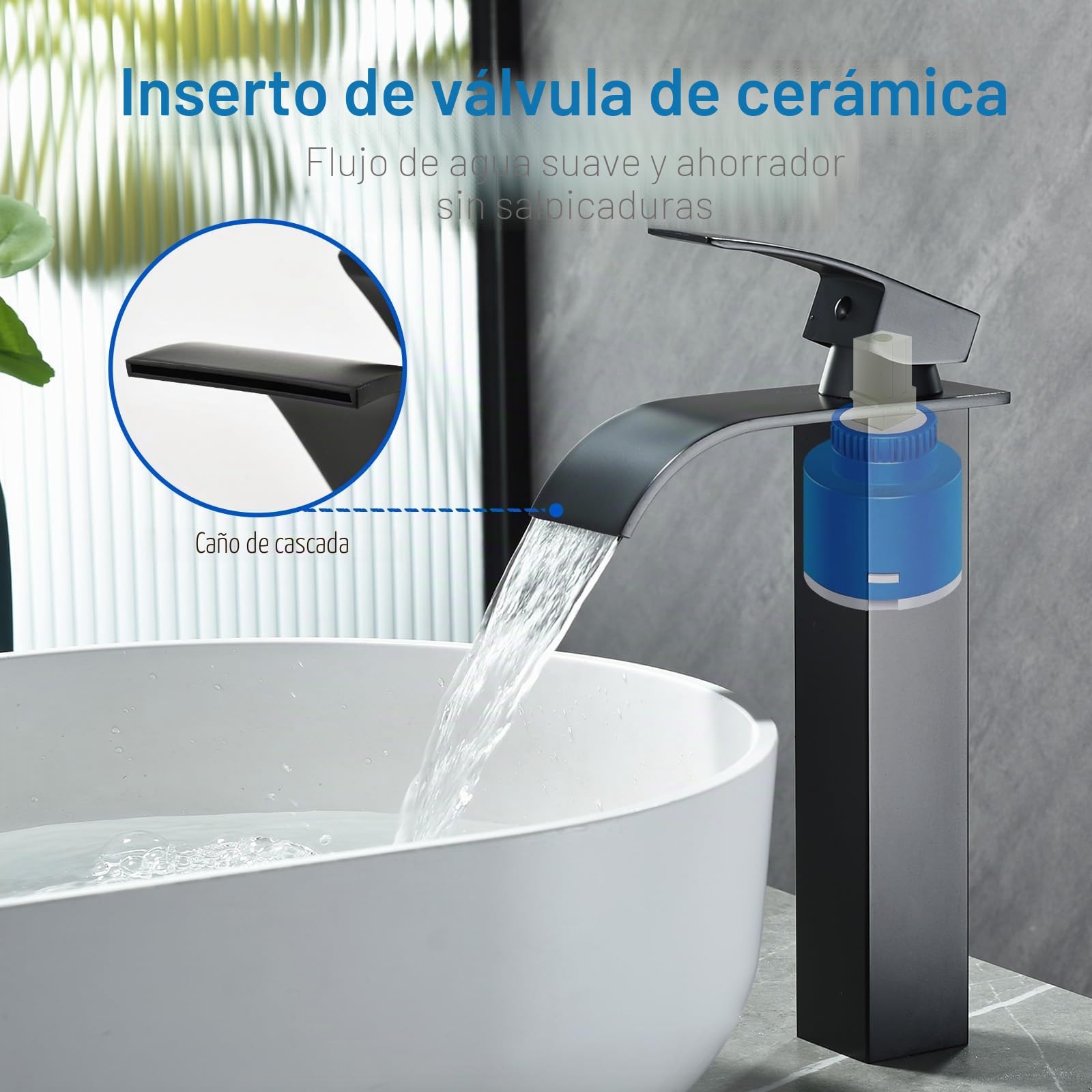 Grifo Lavabo Alto Negro de Baño, Apto Para Lavabos de Pie | Grifo monomando de baño con chorro en cascada, regulación de agua fría y caliente, altura de la salida de agua: 20cm
