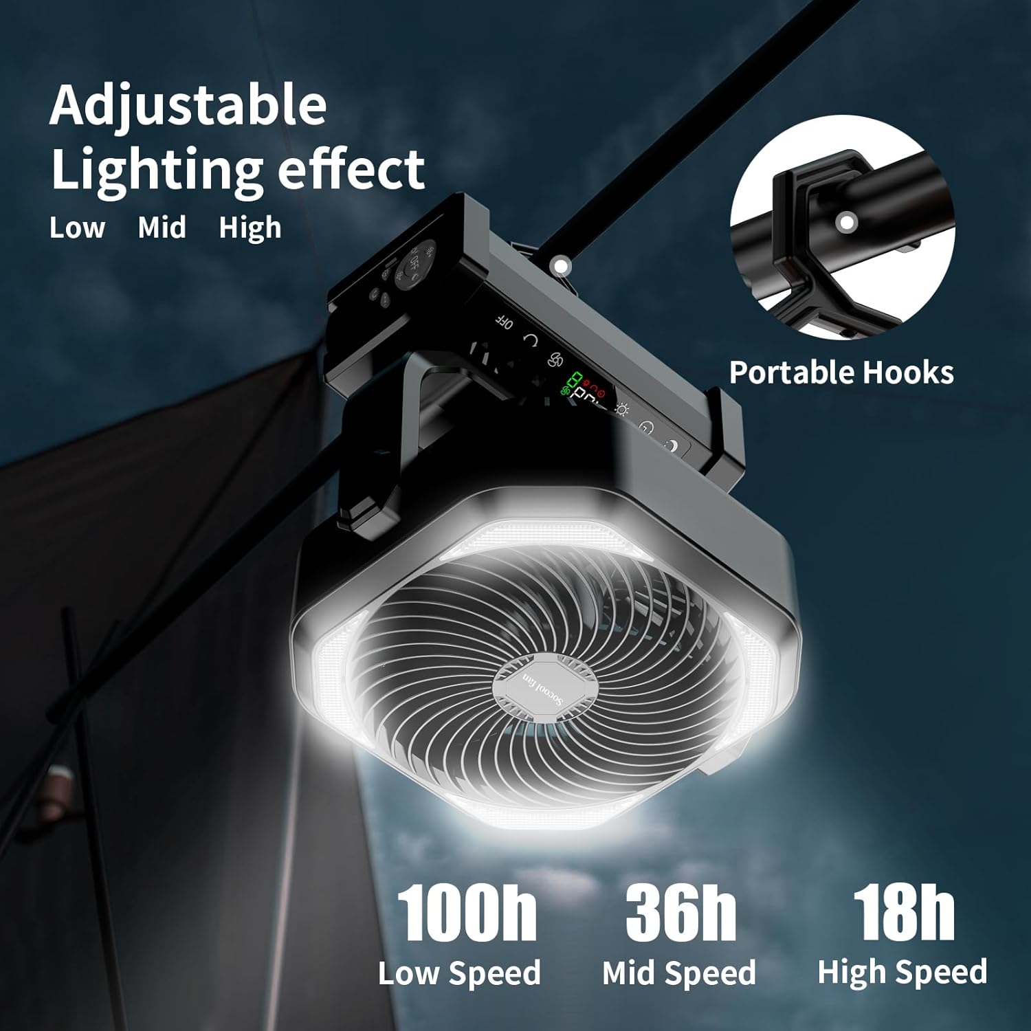 Socool Camping Fan with Light - 20000mAh Rechargeable Battery Fan, 112Hrs Max Run Time, 9 Speeds, Digital Display, Timer, Auto Oscillation, 270° Pivot & Hook for Camping, Power Outage, Hurricane - Image 3