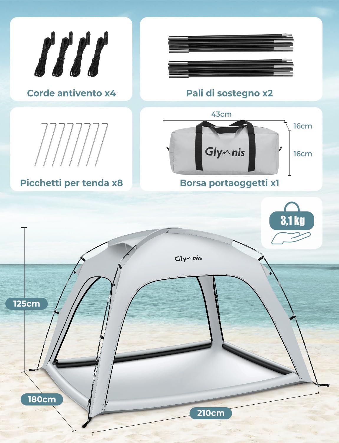 Glymnis Tenda da Spiaggia Grande Adatta a 3-4 Persone, Tenda da Spiaggia Portatile con Cerniera, Leggera Tenda Sole Spiaggia con Dimensioni di 220 x 180 x 125 cm, Facile da Montare, UPF 50+