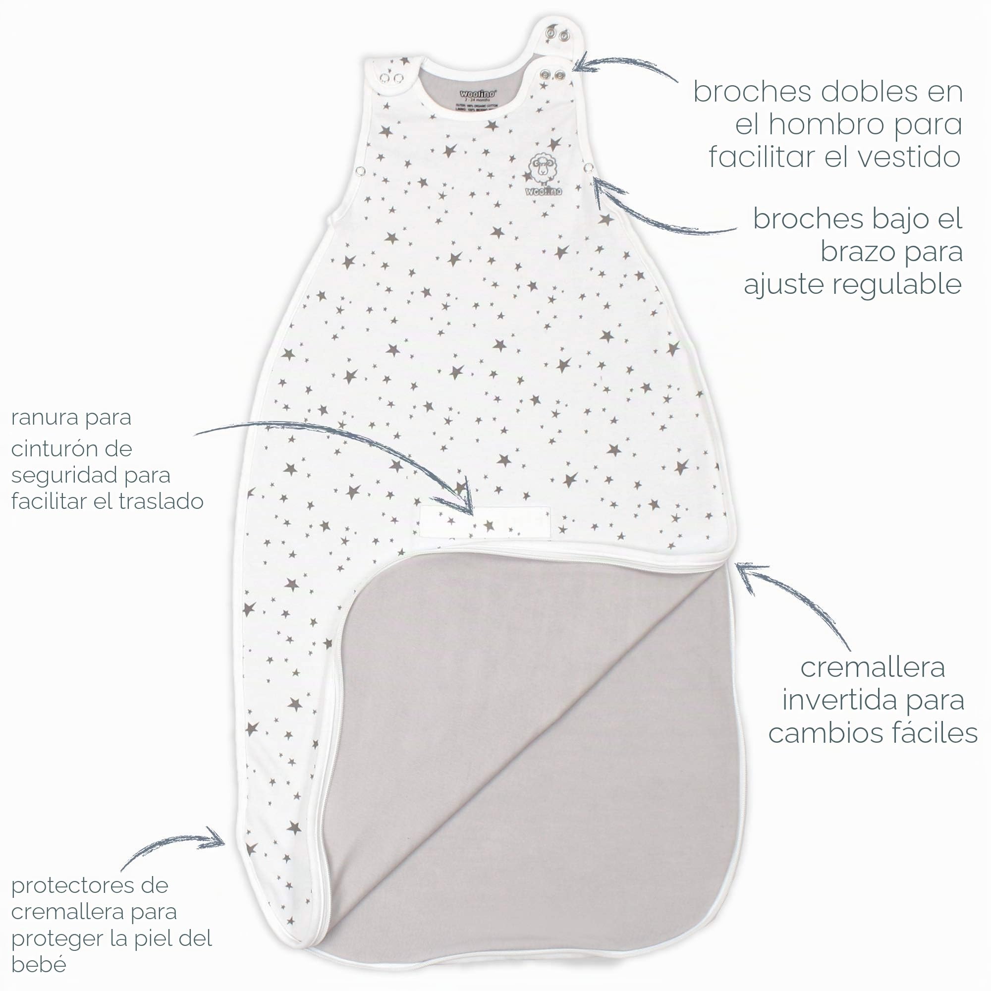 Woolino Saco de Dormir Niños Pequeños, 4 Estaciones, Lana Merina y Algodón Orgánico, Saco de Dormir para Bebés, 2-4 Años, Gris