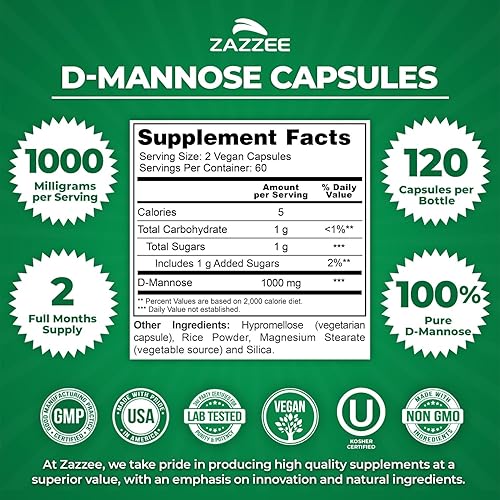 Miniatura 2 de Zazzee D-Mannose, 1000 mg por toma, 120 cápsulas veganas, 2 meses de suministro, potente y de acción rápida, Certificado Kosher, 100% puro, apoyo