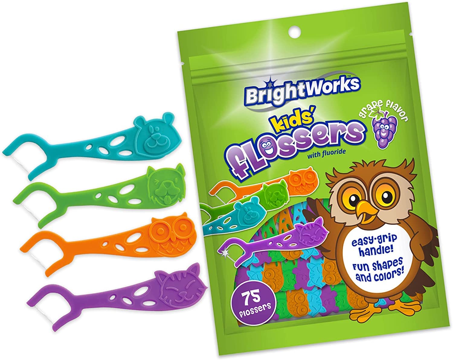 BrightWorks Grape Flavored Kids' Flossers, Fun Animals and Colors, 75 Count, Pack of 3