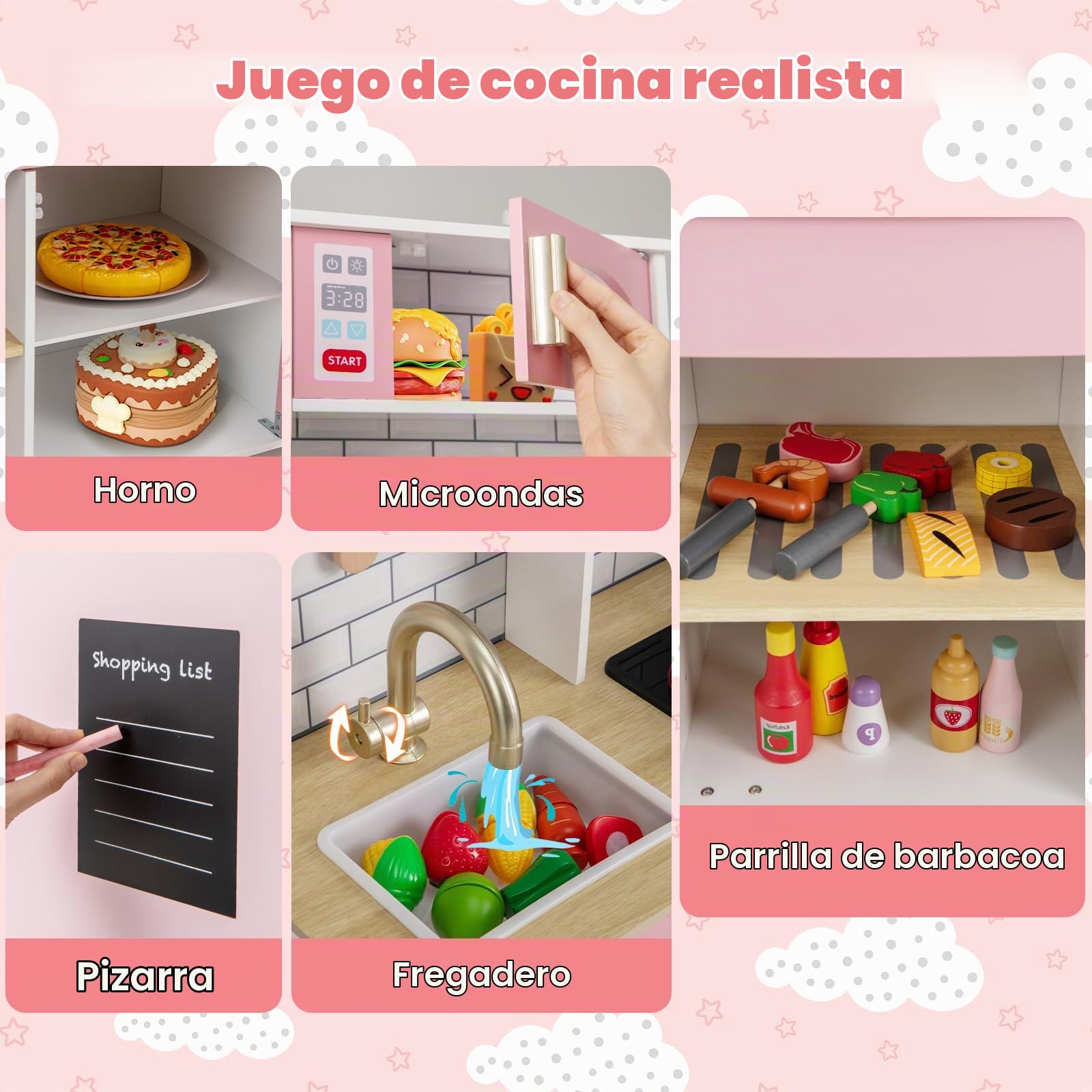 HOMASIS Cocina de juego de madera con máquina de hielo y accesorios de cocina, juego de cocina para niños con luces y sonidos, para niños de 3 años o más, 92x30x98 cm, rosa