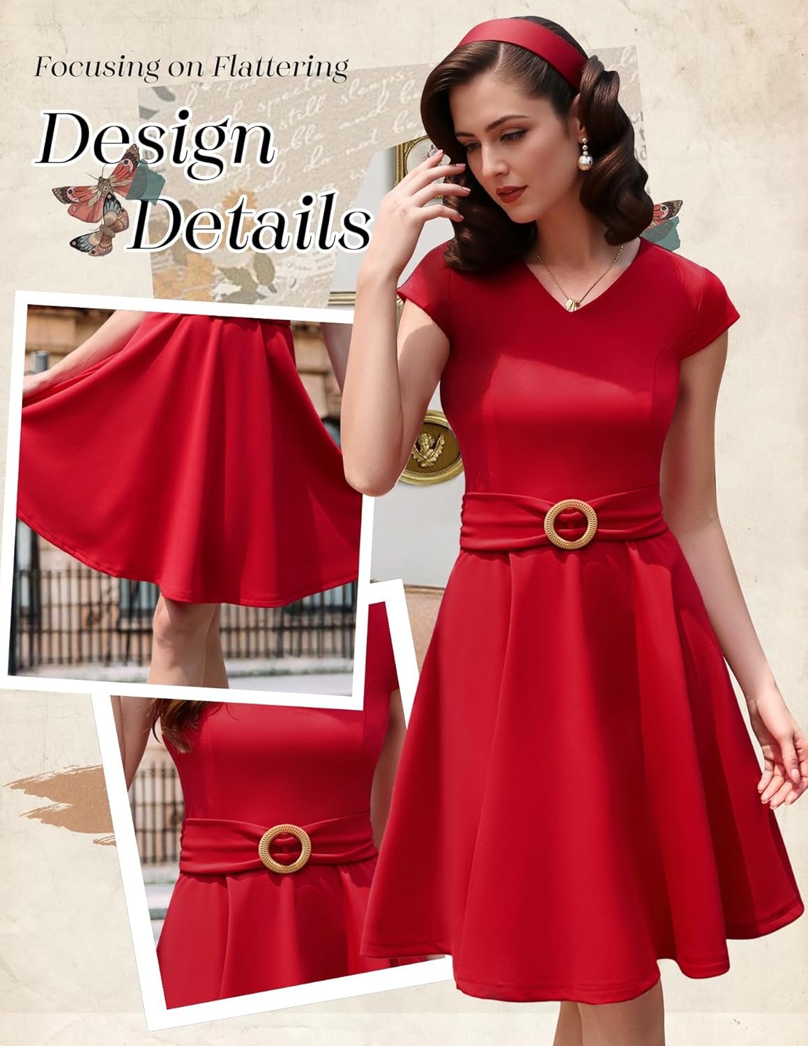 Dressystar Women's Vintage 1950s Dress V Neck A Line Swing Short Retro Cocktail Party Dresses with Cap Sleeves - Image 6