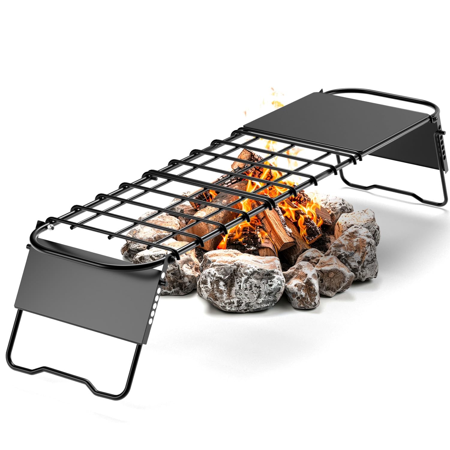 NALACAL Large Portable Outdoor Folding Campfire Grill, Adjustable Height Heavy Duty Steel Grate,Portable Stainless Steel Camping Grill Grate and Camp Grill Griddle with Collapsible Legs