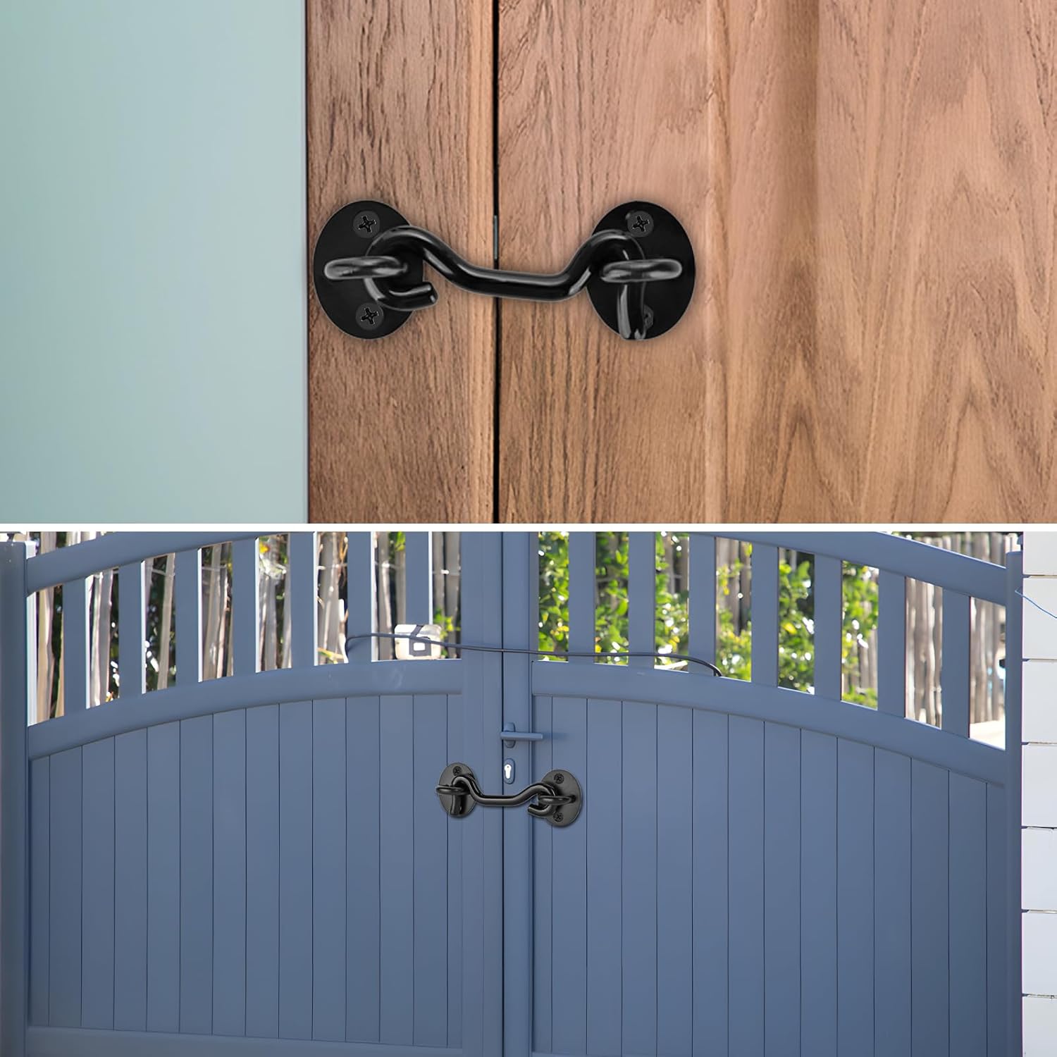 2 Packs Barn Door Lock Privacy Hooks and Eye Latch–Fully Covered PVC Coated Silent Hook, Rust-Resistant for Doors, Gates, Windows, Fences with Screws, 4 Inch - Black