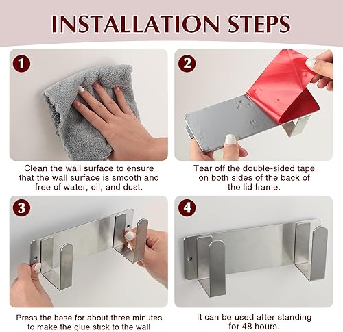 Miniatura 3 de Blulu Juego de 4 soportes para tapas de ollas de acero inoxidable 304 autoadhesivas, organizador de sartenes para armario de cocina, color plateado