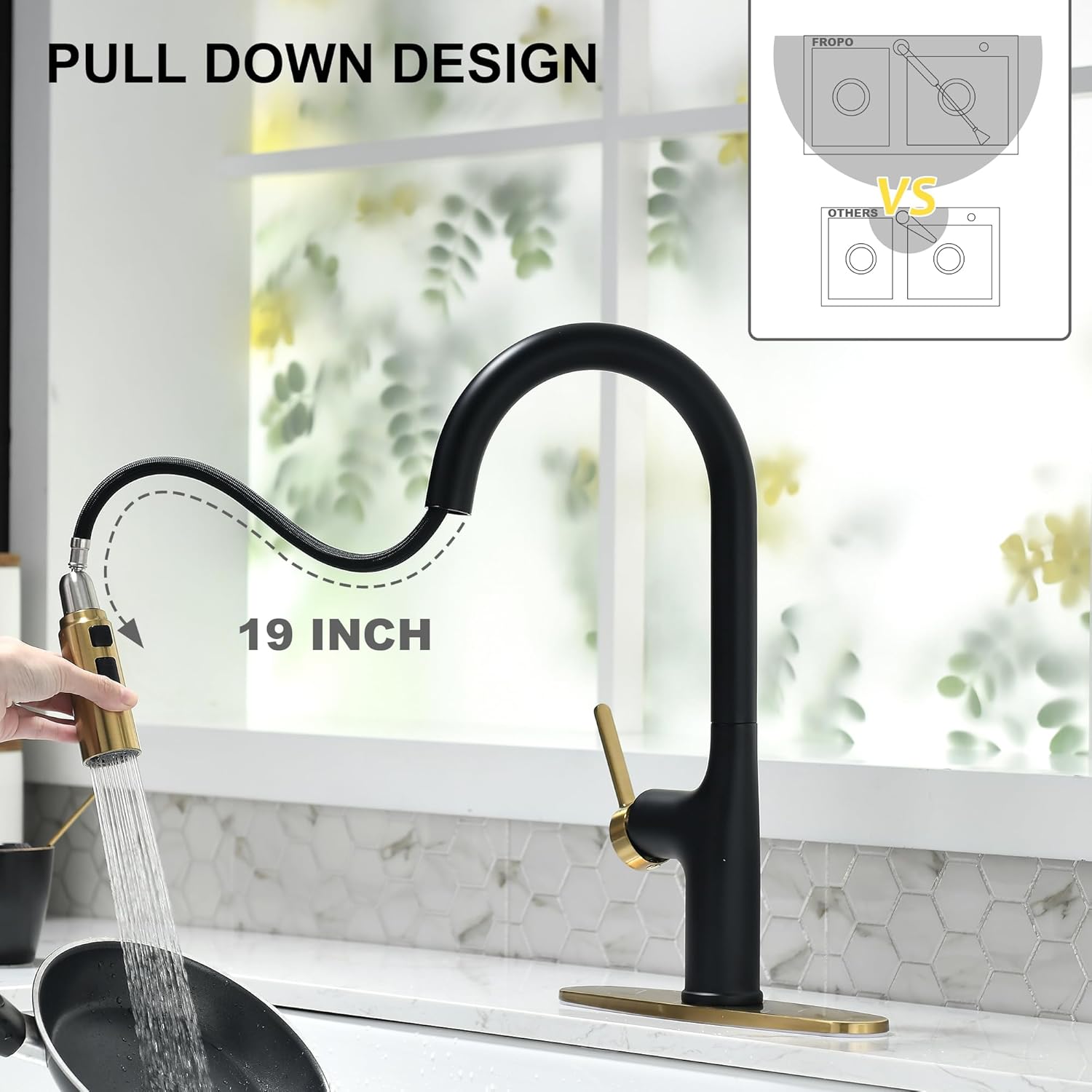 Black and Gold Stainless Steel Pull Down Kitchen Faucet with Sprayer