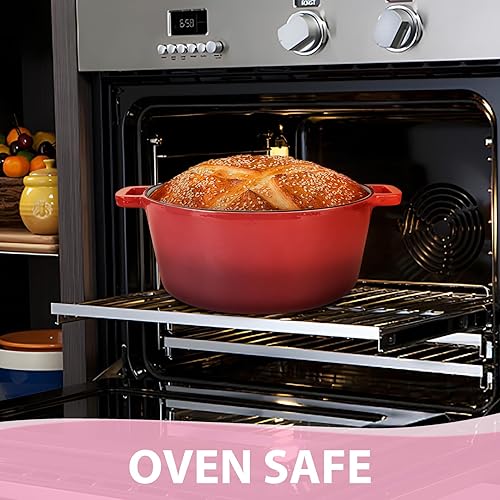 Miniatura 6 de TeamFar Horno holandés de hierro fundido esmaltado 2 en 1, olla holandesa de 5 cuartos de galón con tapa de sartén para hornear pan, estofado,