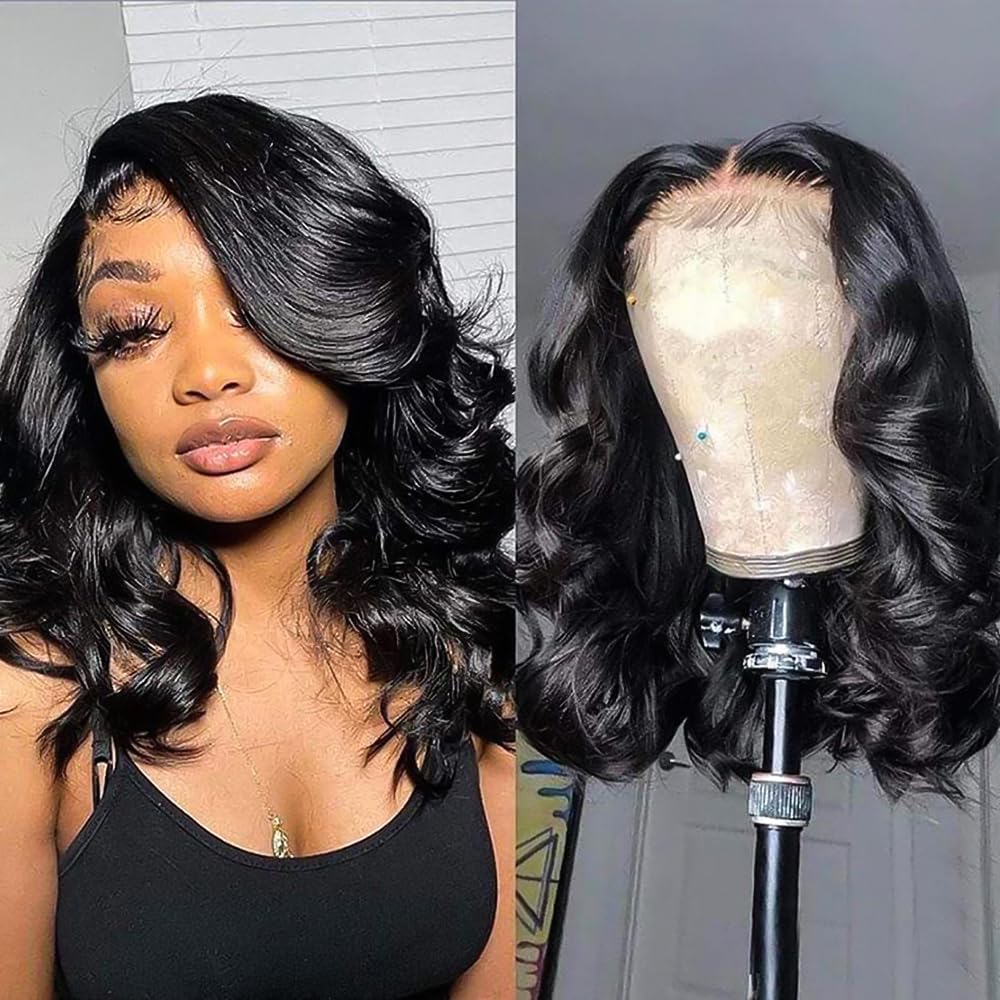 Devonia 14 Inch Bob Wig Human Hair 13×4 Body Wave Lace Front Wigs Human Hair Pre Plucked HD Frontal Lace Wig 180 Density Glueless Wigs for Women Bob Wigs Natural Black Color Devonia 14 Inch Bob Wig Human Hair 13×4 Body Wave Lace Front Wigs Human Hair Pre Plucked HD Frontal Lace Wig 180 Density Glueless Wigs for Women Bob Wigs Natural Black Color