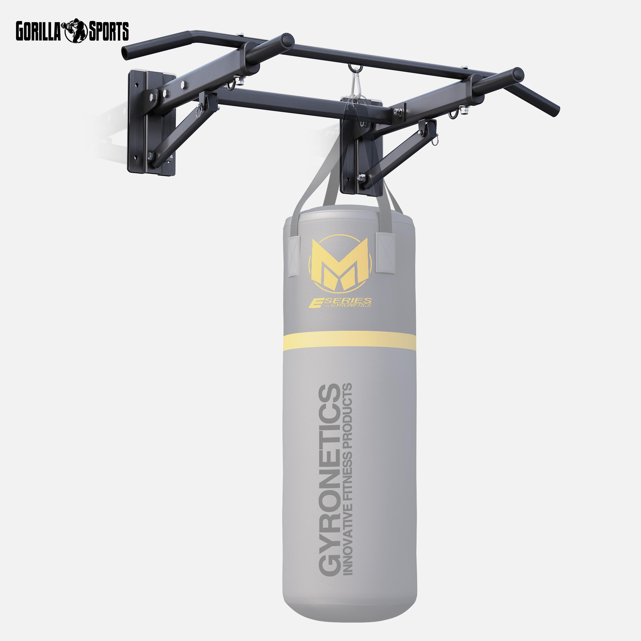 GORILLA SPORTS® Barra per Trazioni - da Muro, Pieghevole, 4in1, 3 Occhielli per Sacco da Boxe, Impugnatura in Schiuma, Max 300 kg - Sbarra Allenamento, Pull up Bar, Asta, Attrezzo Trazioni in Casa