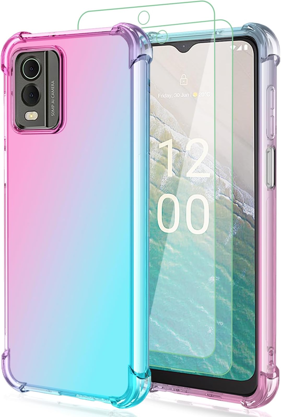 Osophter for Nokia C32 Phone Case: with 2pcs Screen Protector,two color gradient reinforced corner TPU shock absorption flexible Cell Phone Cover for Nokia C32(Pink Teal)