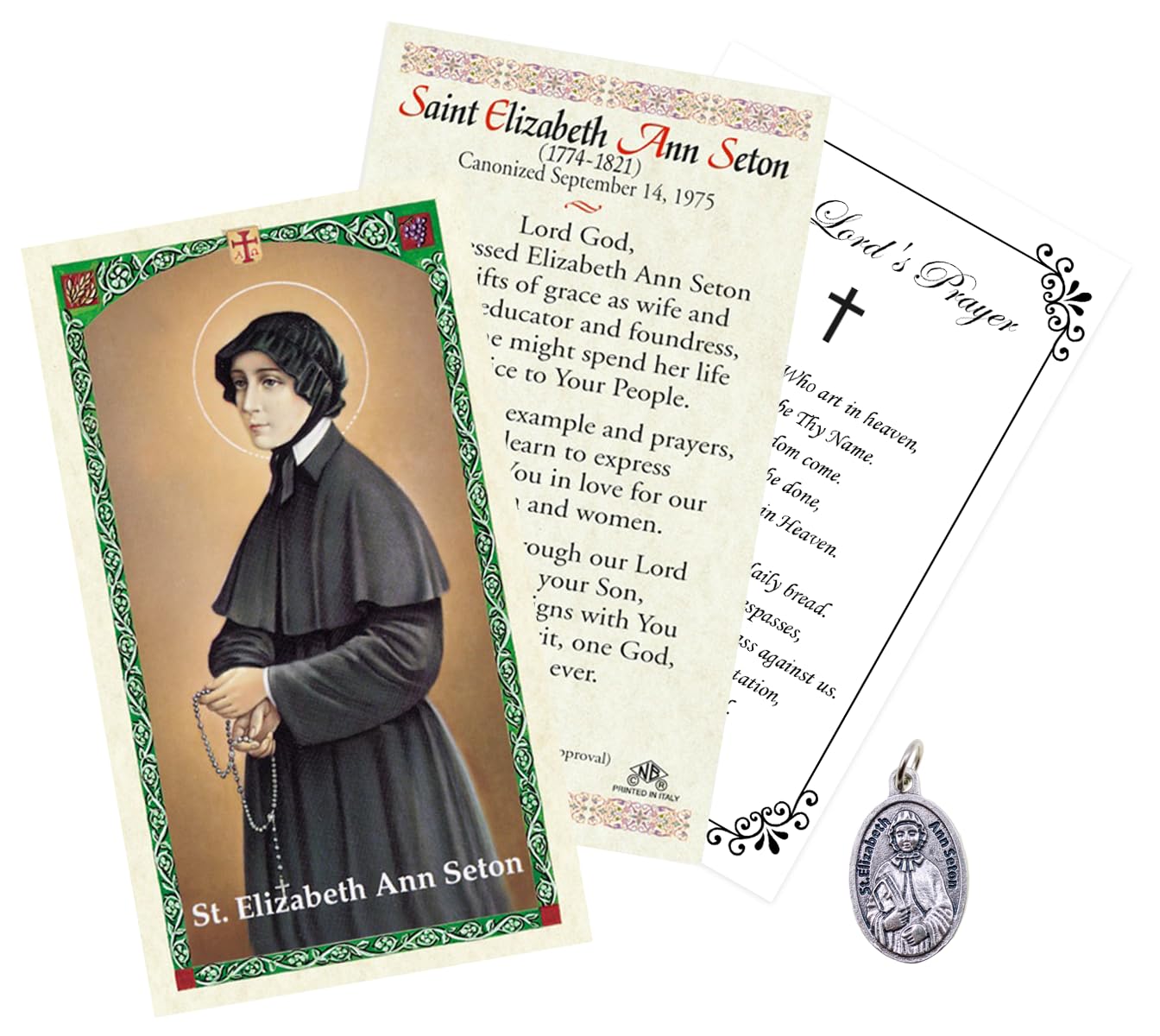 Trendzeen St Elizabeth Ann Seton Prayer Card - Laminated Saint Elizabeth Prayer Card, St Elizabeth Ann Seton Medal, Our Father Prayer - Saint Elizabeth Card Set, Total 3 Items