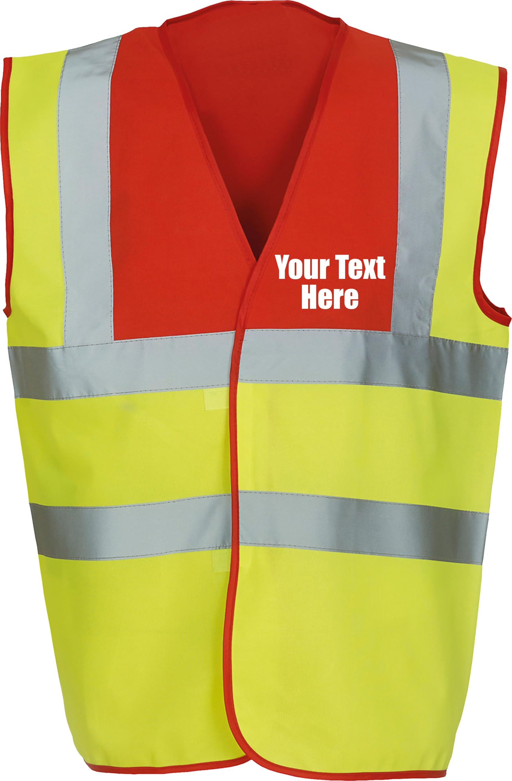 Personalised Printed Back Front Hi Vis Vest Your Custom Slogan/Text/Name/Logo Reflective Waistcoat Workwear Uniform High Visibility Safety Vest Gift Unisex Top(XL, Red Yoke/Yellow)