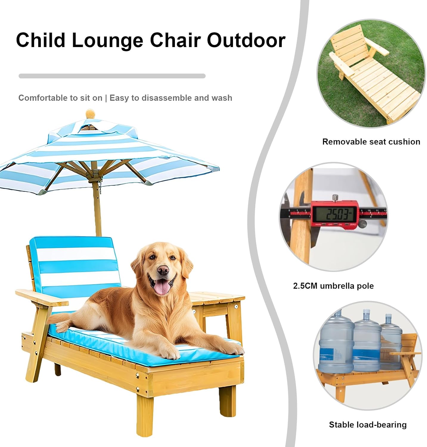 Kids Lounge Chair Outdoor, Kids Lounge Chair, Removable Striped Fabric Cushions, Outdoor Chaise Lounge with Parasol, Cushions and Coffee Table for Children or Dogs Dark Blue 14.5x35.9x20.1in