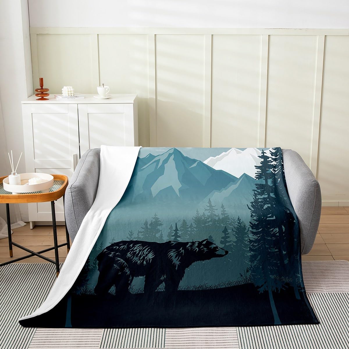 Homewish Jungle Bear Throw Blanket Throw 50x60 Cartoon Teal Natural Mountain Trees Flannel Blanket for Kids Teens Adults Wild Animal Lodge Cabin Bed
