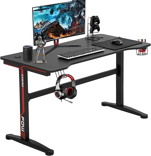 Escritorio para computadora de juegos de 47 pulgadas con gancho y soporte para tazas, mesas de juego para PC, escritorio negro para oficina en casa,