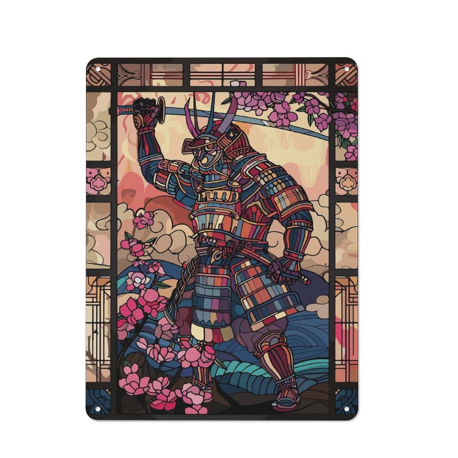 Junmoney Style-10 Samurai Warrior With Cherry Blossoms Retro Tin Wall Plaque 40X30cm For Hobby Room Or Studio, For Garage, Workshop And Man Cave Decoration