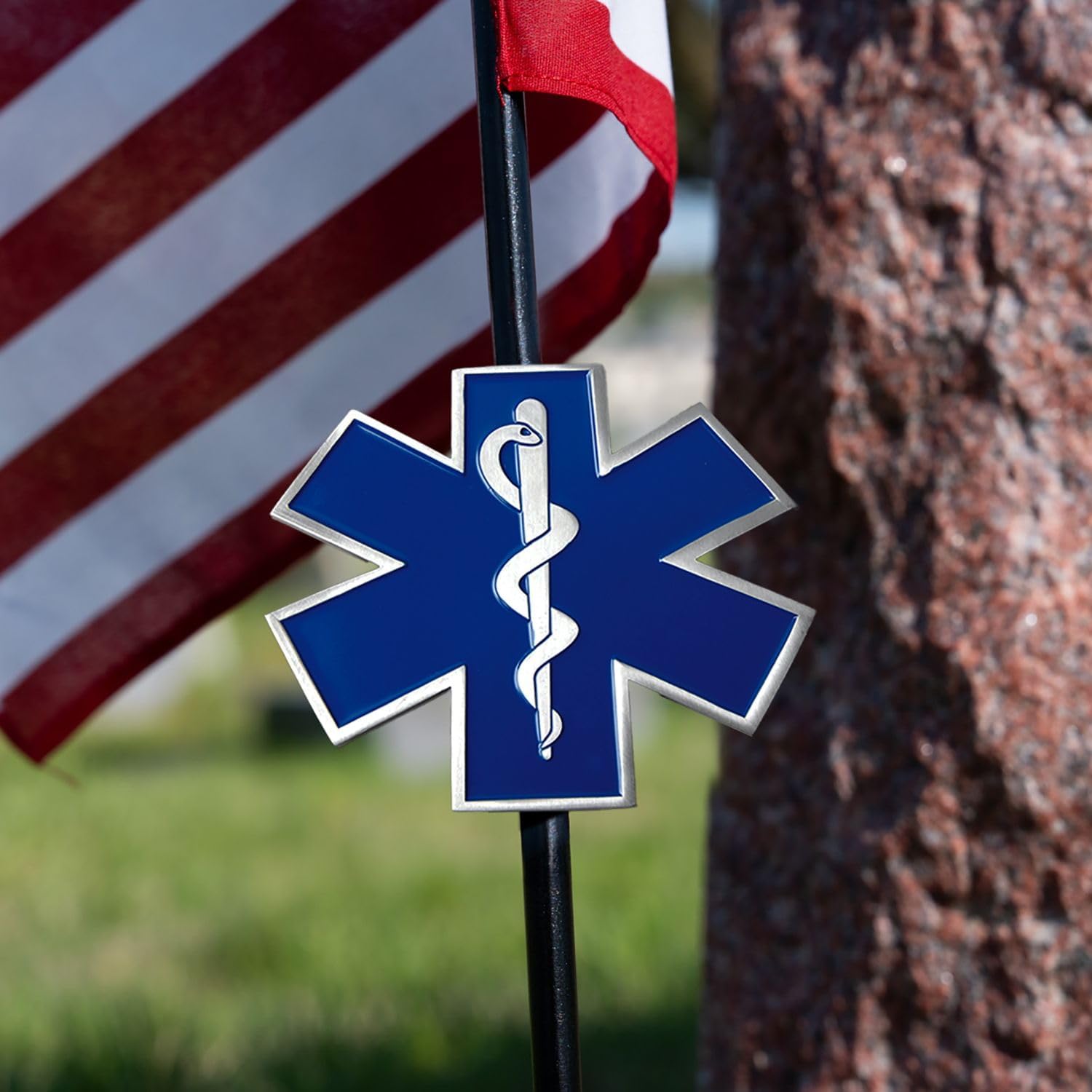 Allied EMS Veteran Grave Marker With 30 Inch Tall American Cemetery Flag, EMS Star Of Life Memorial