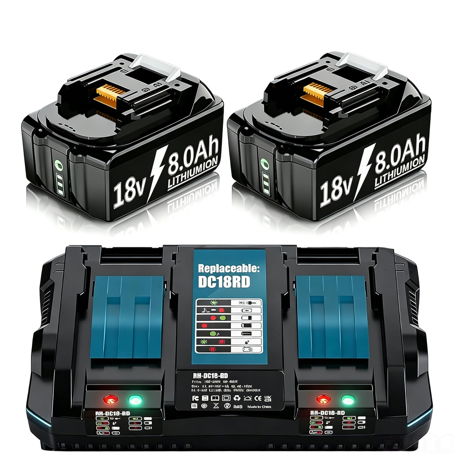 2x8.0Ah LXT Battery Replacement for Makita 18V Batteries +6A DC18RD Charger