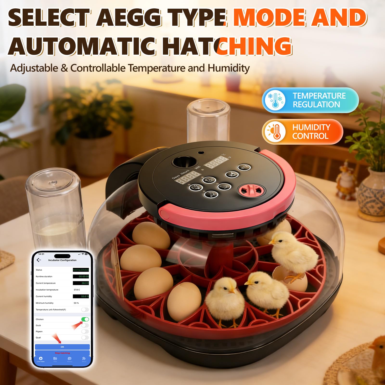 Incubatrice per Uova Automatica, incubatrice 12 uova incubatrice con telecomando rotazione automatica delle uova e controllo dell'umidità e temperatura, lampada per uova di gallina, visualizzazione