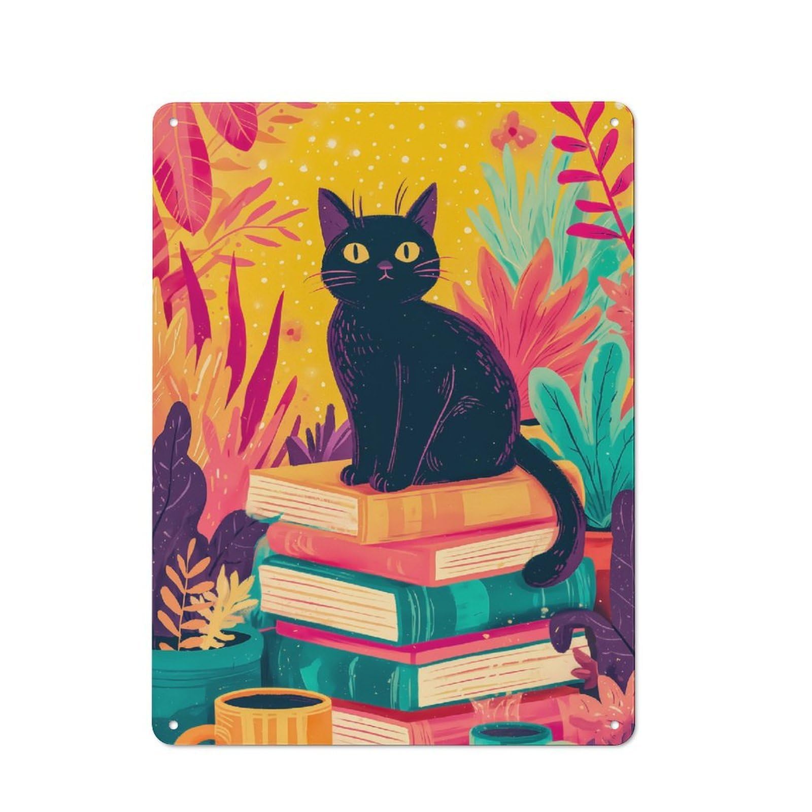 Junmoney Style-20 Tin Wall Plaque 40X30cm With Black Cat On Stack Of Books For Workshop Wall, With Clear Retro Wall Decor Character