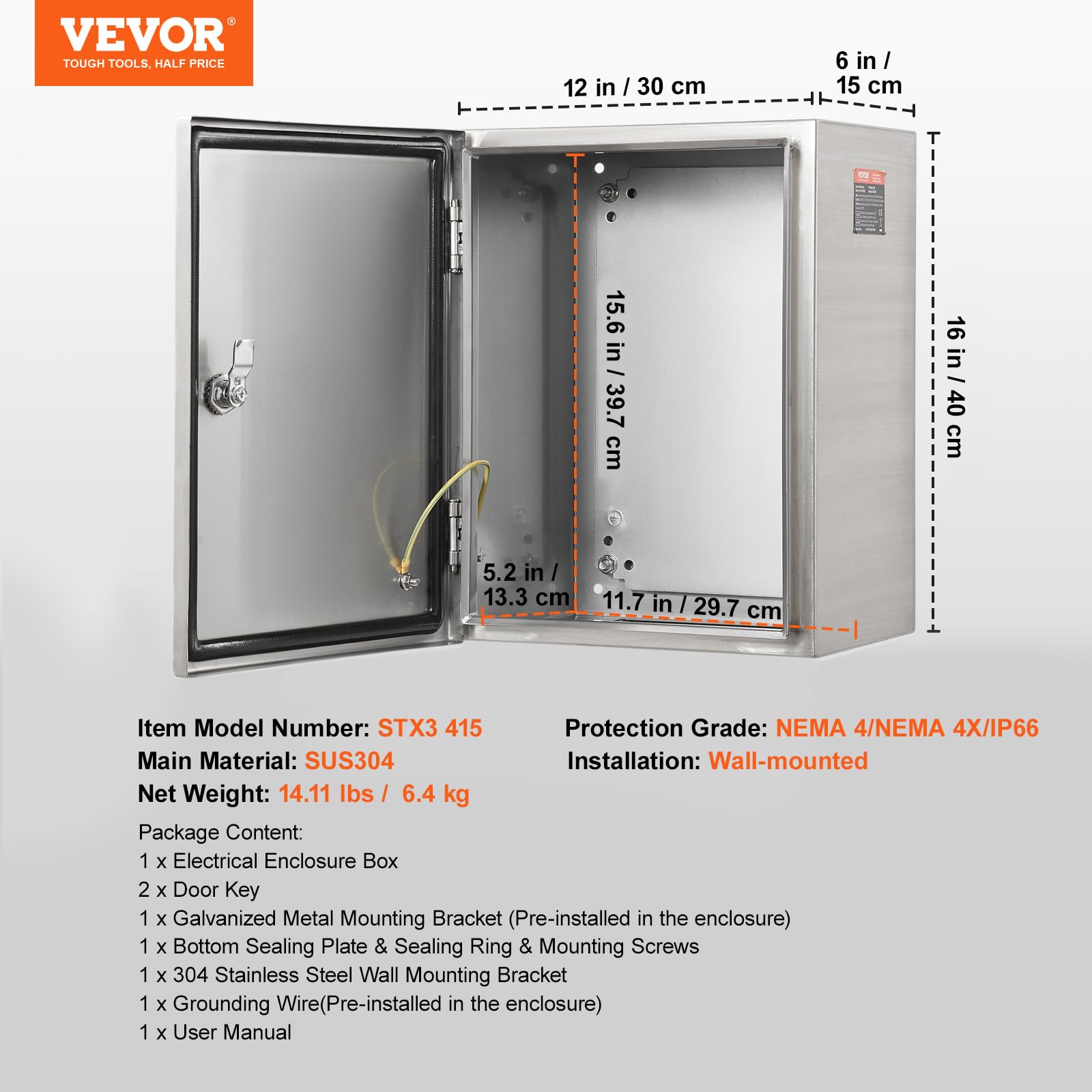VEVOR Coffret Électrique en Acier Inoxydable 40x30x15 cm IP66 Armoire Étanche