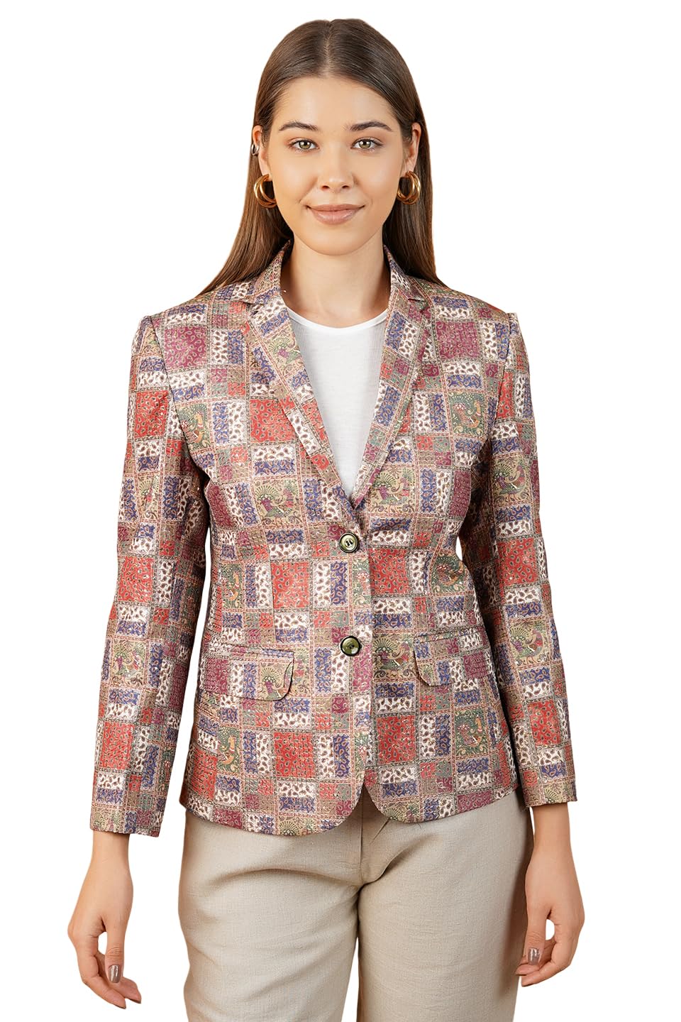 Women's Blazer Digital Print Cotton Brown Blazer-image-45