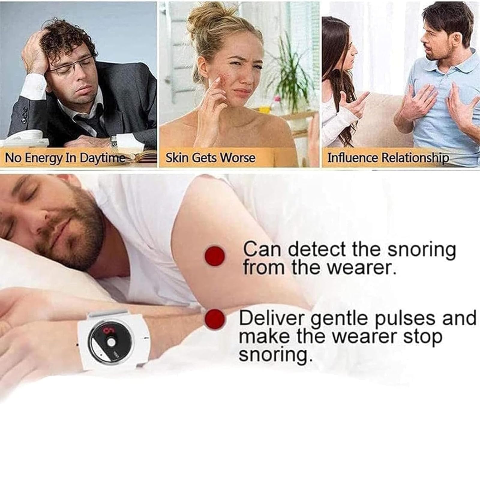 Pulsera Antironquidos con Sensor Inteligente, 9 Niveles De Intensidad Ajustables, Recargable por USB. Ayuda para Dormir Y Reducir Los Ronquidos (para Hombres Y Mujeres).