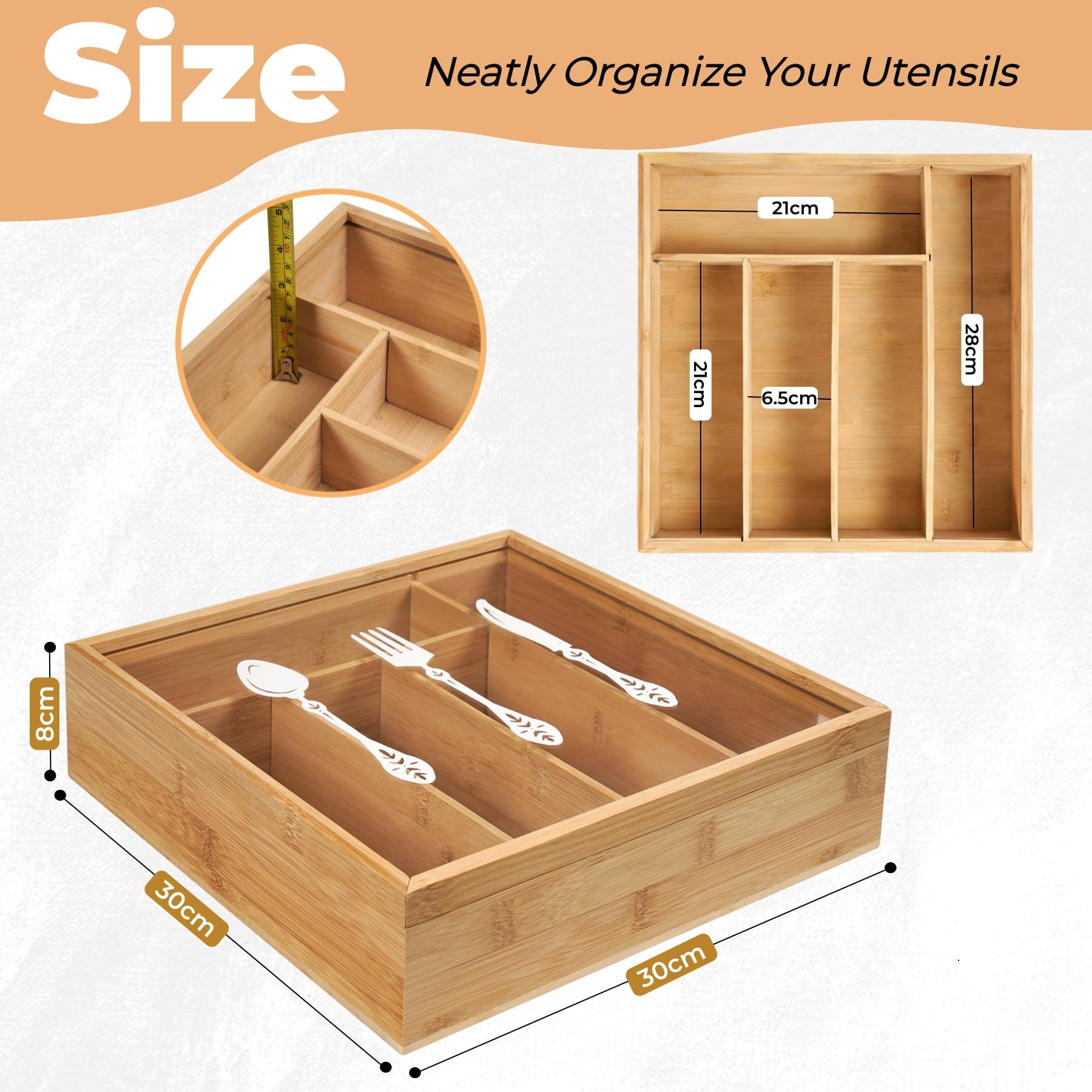 Drewniany zestaw na sztućce z pokrywą, 5 przegród na sztućce, 30x30x8cm organizer na sztućce do stołu i szuflady, drewniany uchwyt na sztućce z dekoracyjnym wzorem