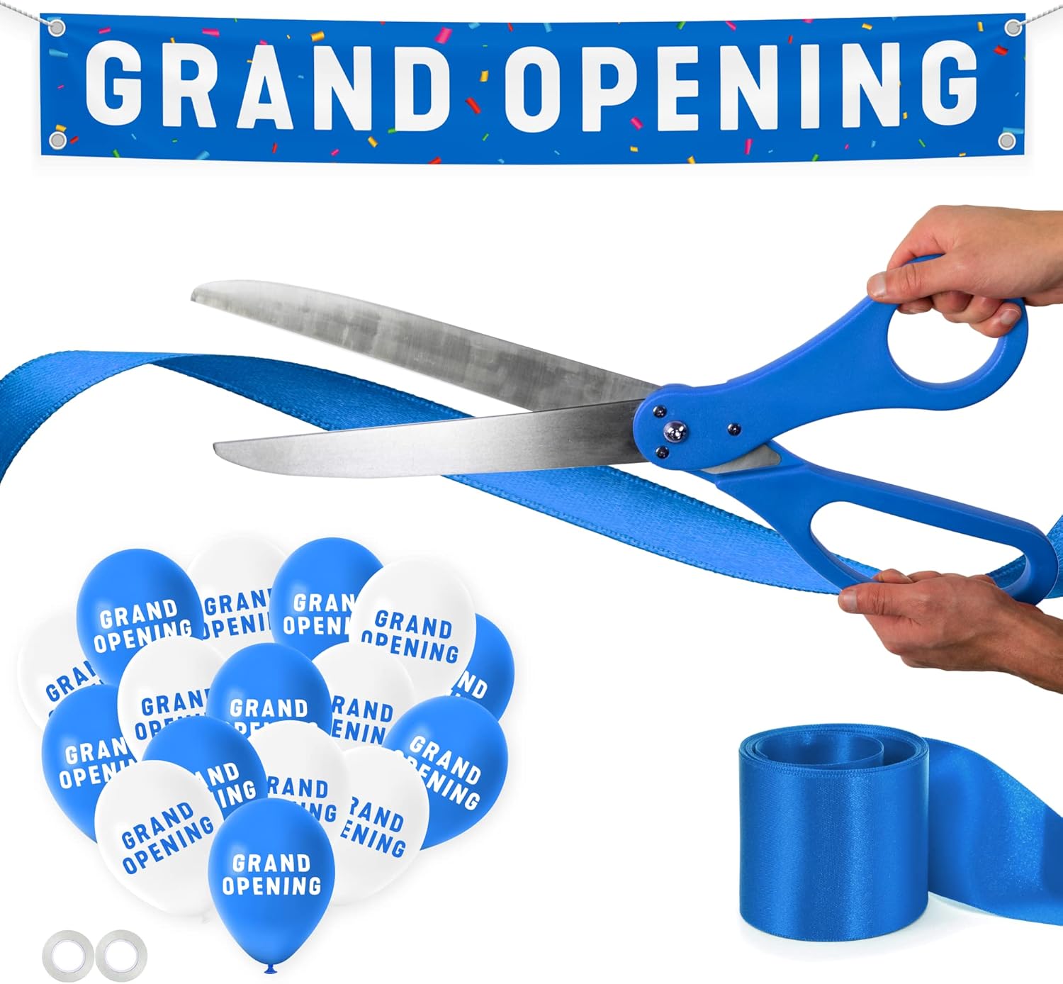 Nashira Ribbon Cutting Ceremony Kit, 25" Giant Scissors with Blue Satin Ribbon, Grand Opening Banner & Balloons - Heavy Duty Metal Scissors for Special Events, Inaugurations & Ceremonies