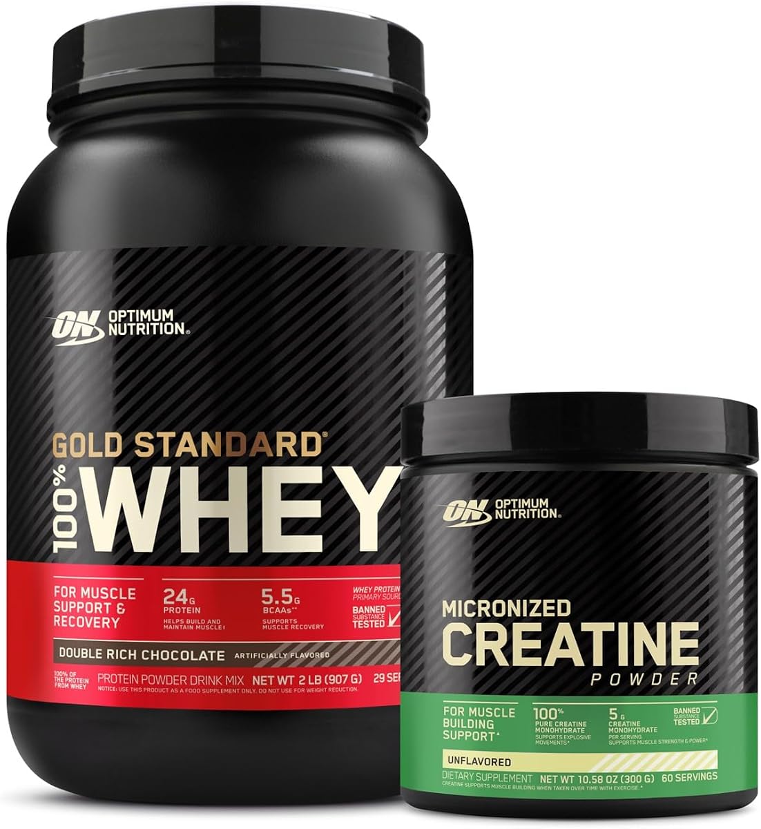 Optimum Nutrition ON Gold Standard 100% Whey Protein Primary Source Isolate - Double Rich Chocolate, 2 Lbs + ON Micronized Creatine Monohydrate Powder - Unflavored, 300 Grams