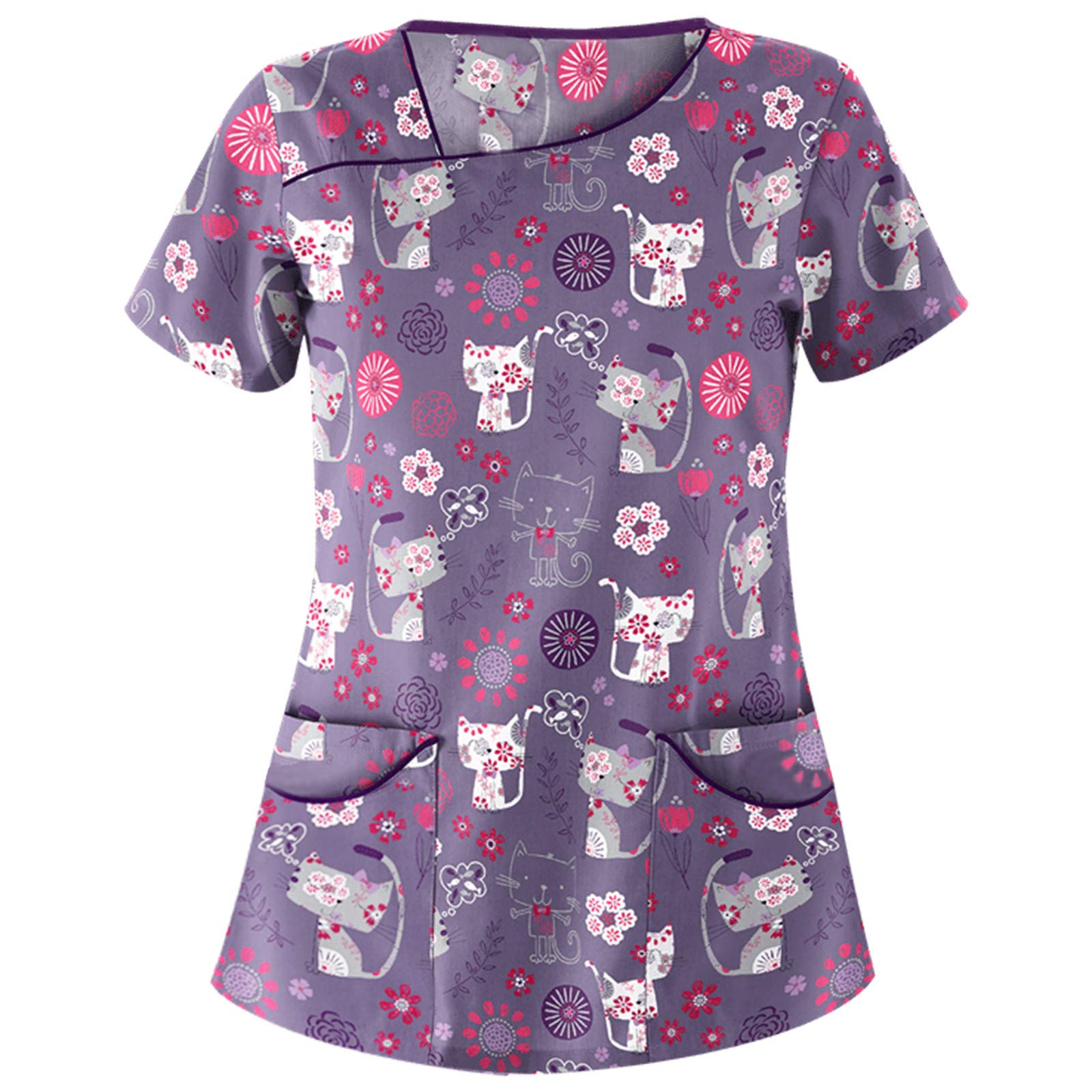 YOGALULU Tops de Enfermera Uniforme Mujer Estampado Camisa de Manga Corta Uniforme de Trabajo Impresión navideña Top de Enfermera con Cuello de Pico Traje de Navidad
