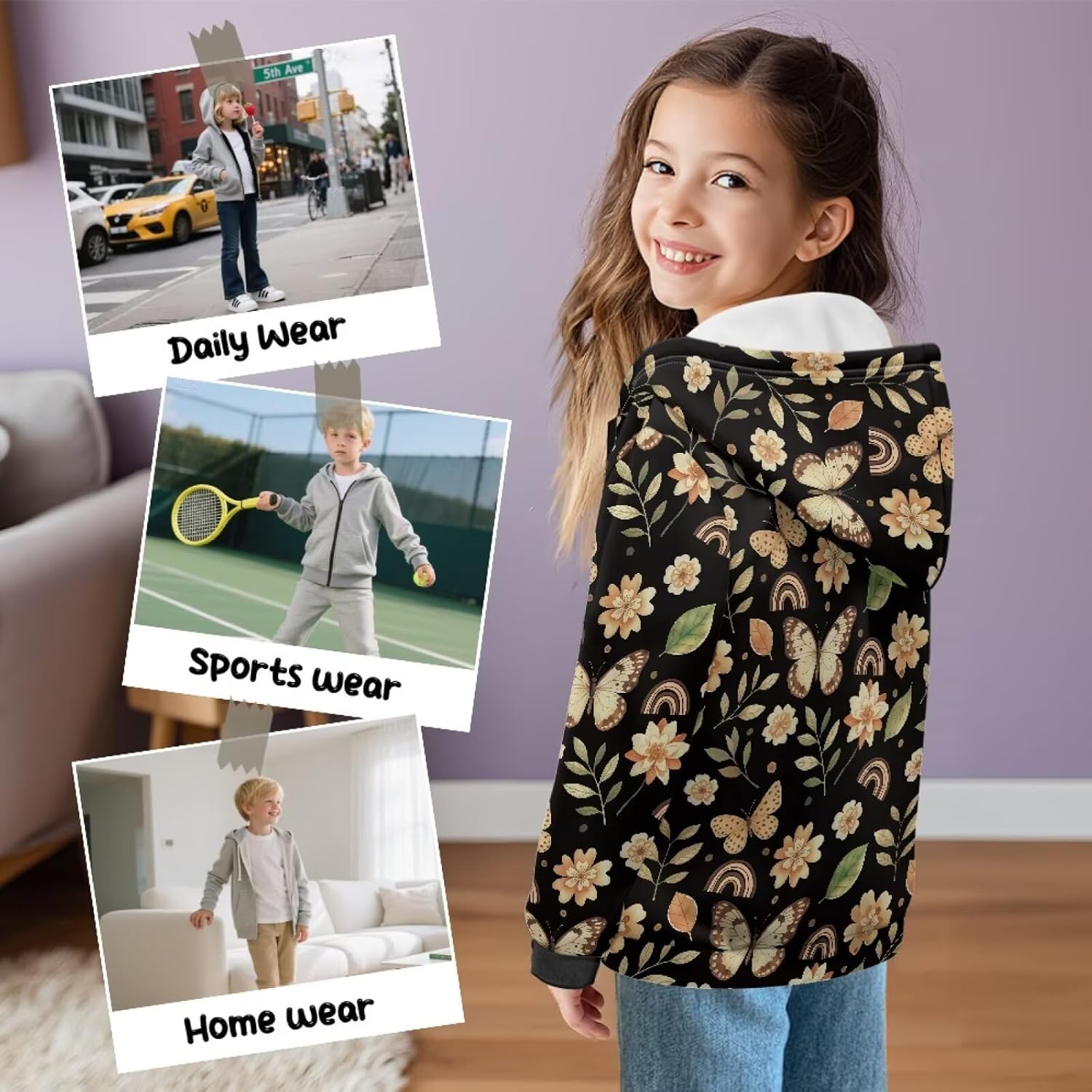 Girl's Zip Up Hoodie Long Sleeve Sweatshirt with Pockets Dragonfly Butterfly Print Lightweight Hoodies