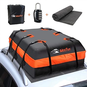 XBEEK Car Roof Top Rooftop Cargo Carrier Bag 20 Cubic feet Waterproof for All Cars with/Without Rack, Includes Anti-Slip Mat, 10 Reinforced Straps, 6 Door Hooks, Luggage Lock