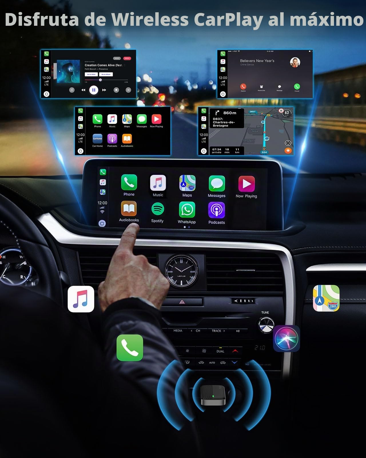 Moko Adaptador CarPlay Inalámbrico Compatible con Apple iPhone | Mini Adaptador CarPlay Inalámbrico Para iOS 10+ Y Vehículos Con CarPlay, Conexión Rápida, Control Estable, Sin Retraso