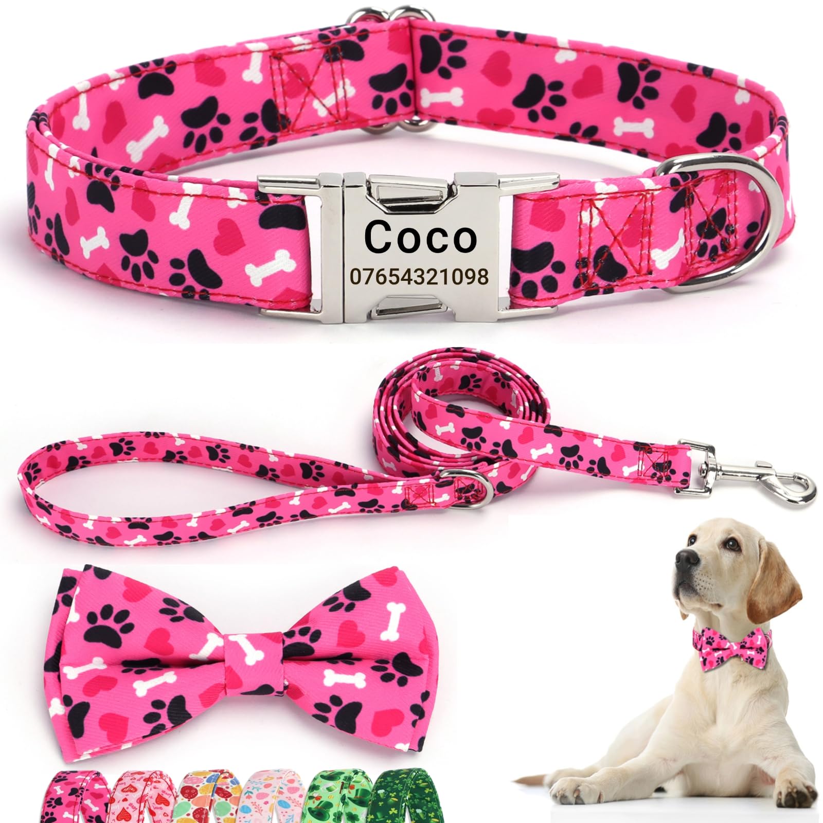 SEOUGEE Valentine's Day Dog Collar Personalised with Bowtie & Lead Set, Adjustable Cotton Dog Collars and Leash with Engraved Metal Buckle for Small Dogs (Pink Paws Set, XS:Neck 20-30cm)