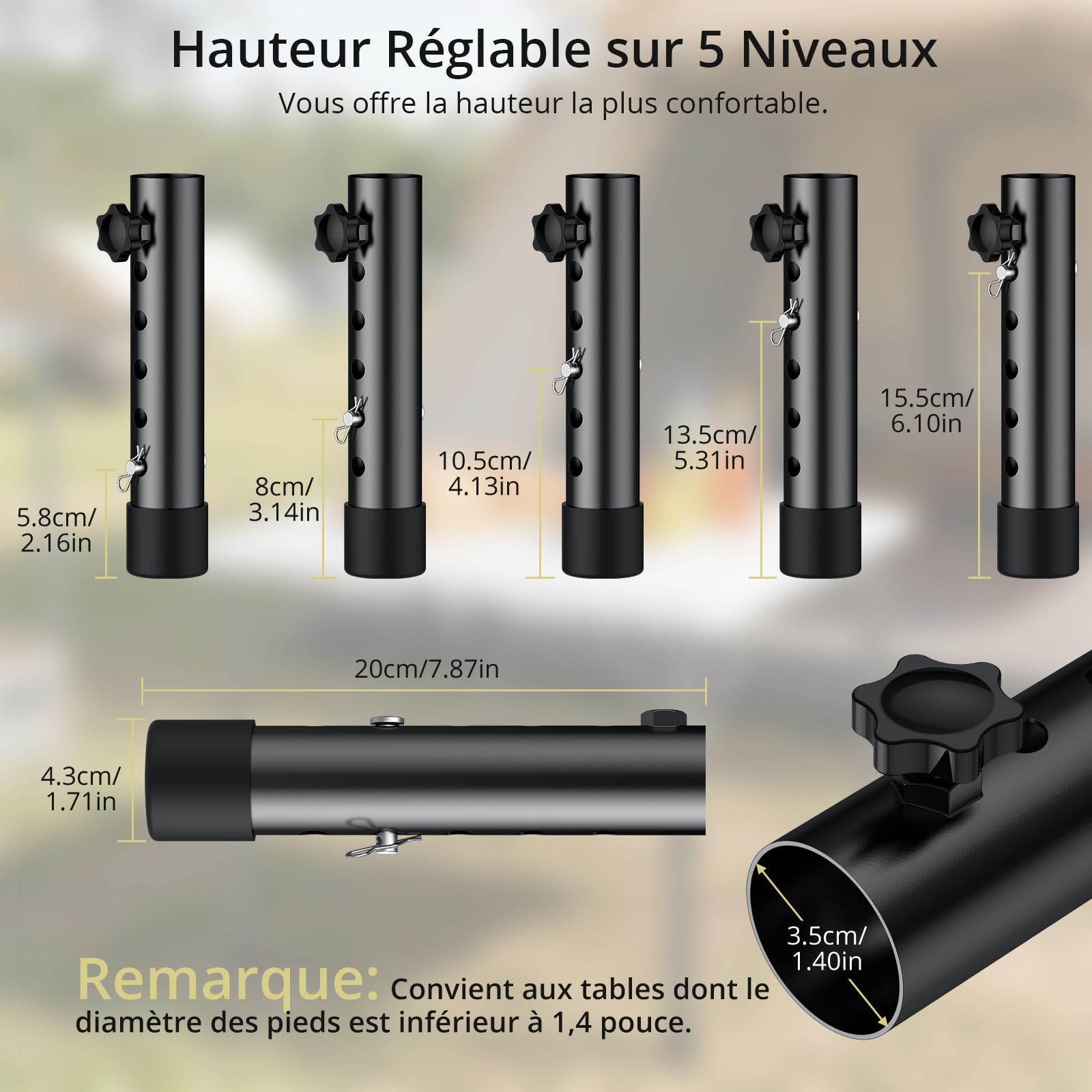 Anbte Lot de 4 Rallonges de Pieds de Table Pliantes, 5 Niveaux Réglables en Hauteur, Rehausseur de Pied de Table, Supports en Acier Robuste pour Pieds Droits et Pliés, Réduit Le Travail Arrêté, Noir