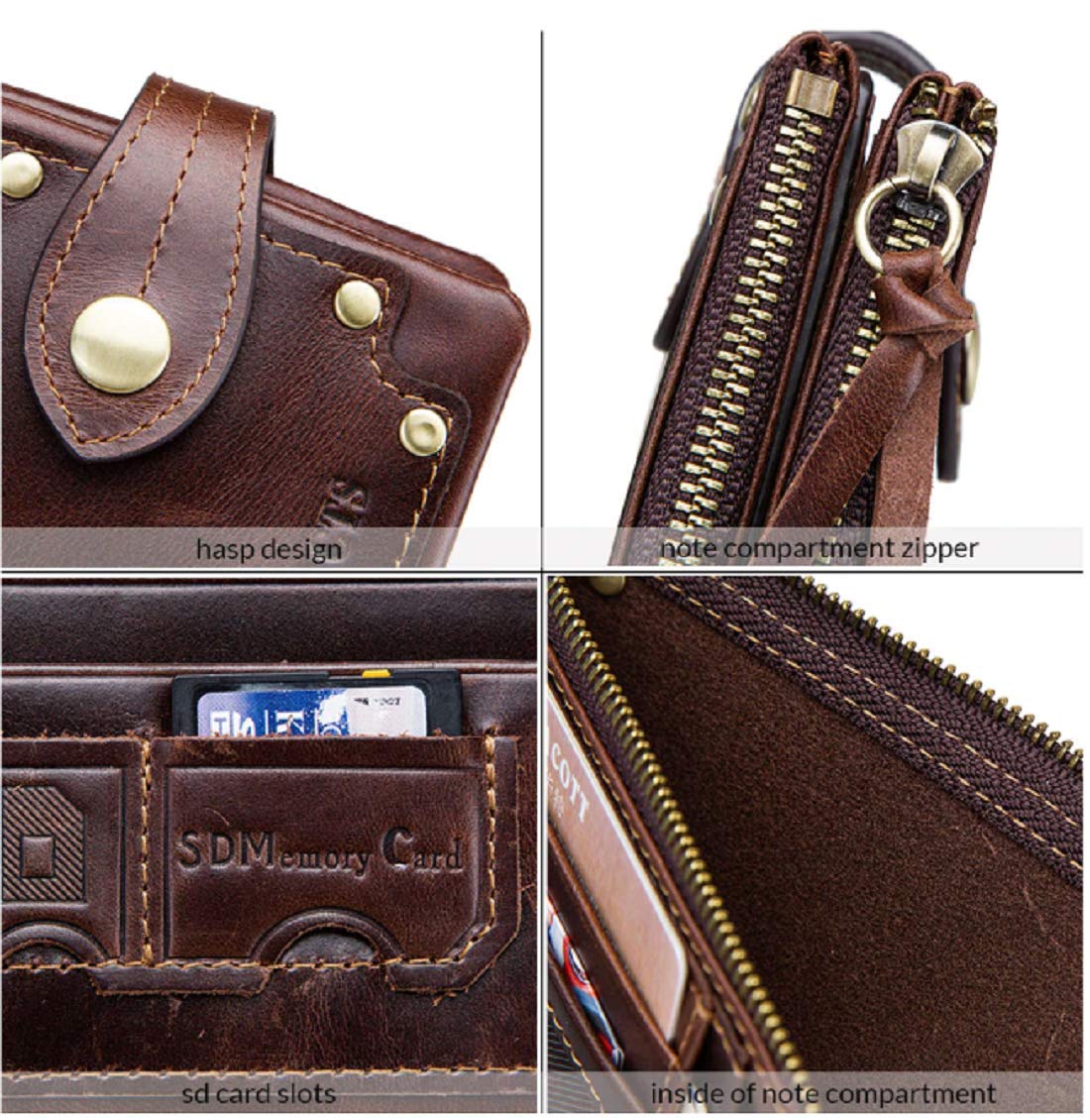 Contacts Men's Genuine Leather Wallet | RFID Blocking | Bifold with Button Closure | 13 Card Slots Including 1 ID Window, 1 Zip Closure Currency Compartment (Hori Brown)
