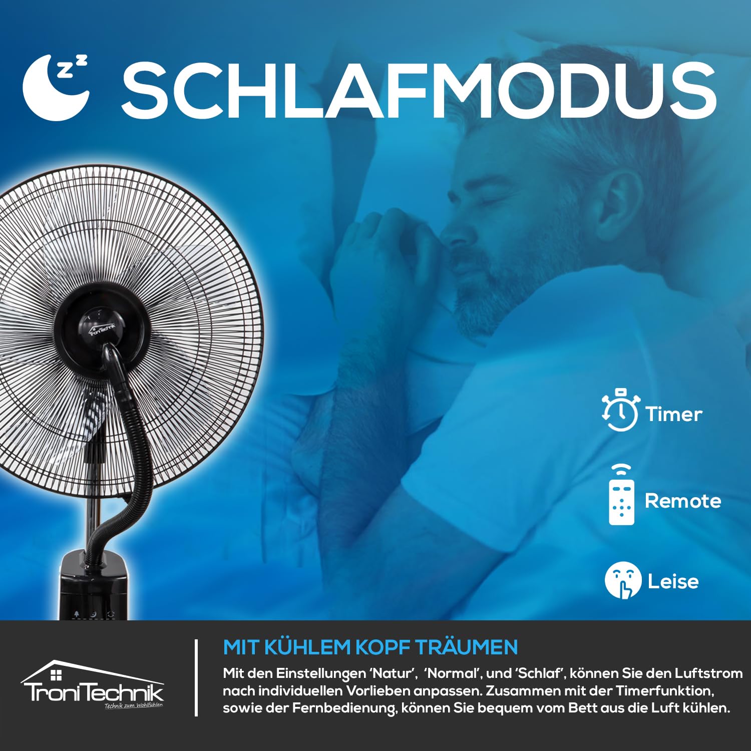 Tronitechnik® Standventilator mit Wasser, Ventilator mit Wasserkühlung Sprühnebel Raumbefeuchter, Fernbedienung, 90 Watt, Oszillierend, 3 Stufen, Timer, 3 Luftmodi, sehr leise, Schlafzimmer & Büro