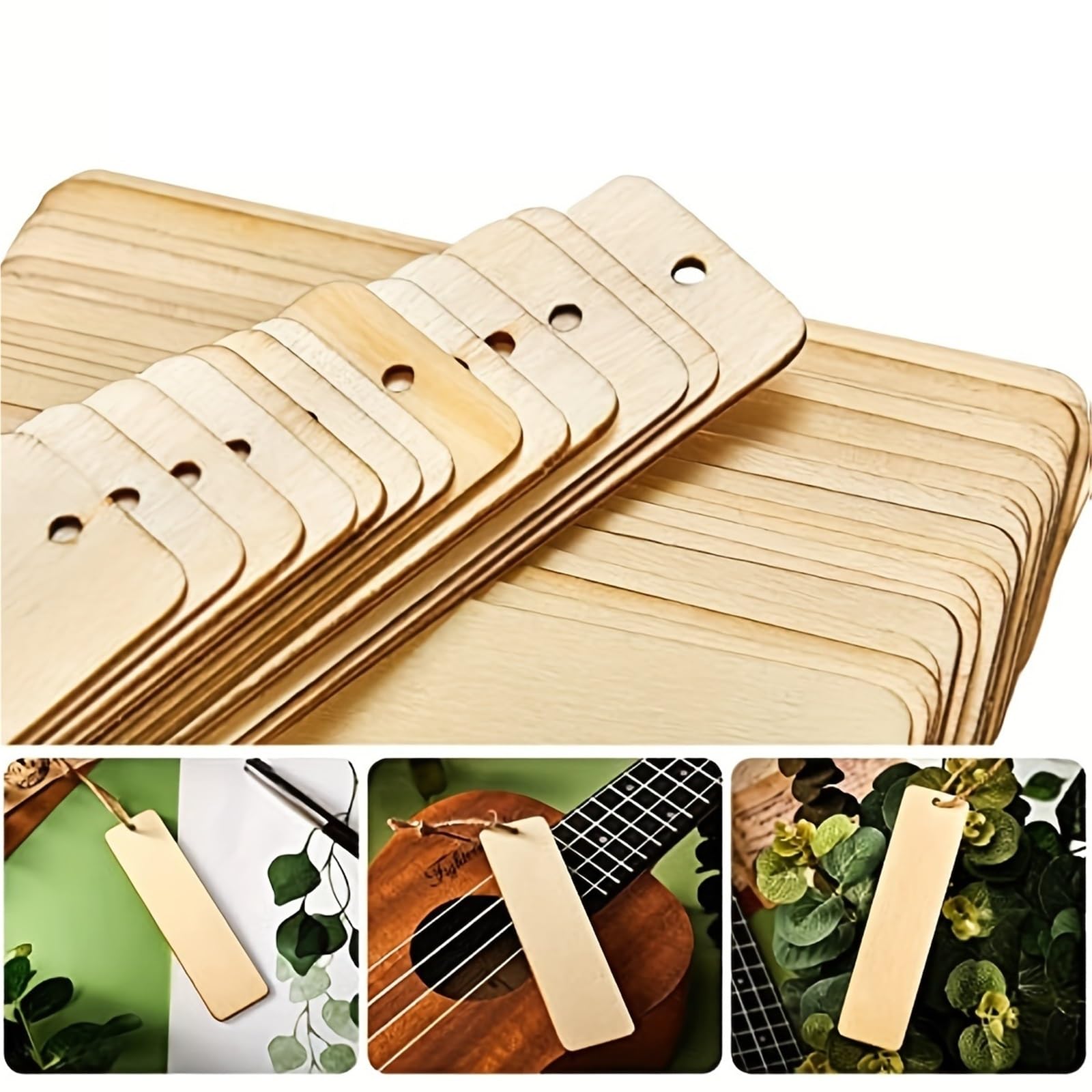 Marcadores de madera en blanco con agujeros y cuerda