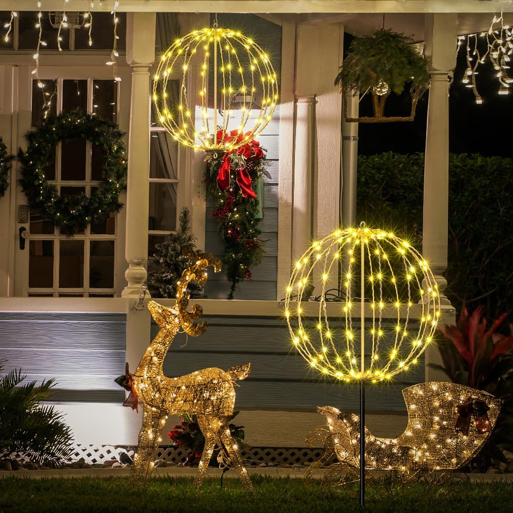 Lightshare 16IN 128LED Light Ball Yard Decoration Pathway Lights Sphere Light with Fold Flat Metal Frame Indoor Outdoor Waterproof Garden Lights, Plug in