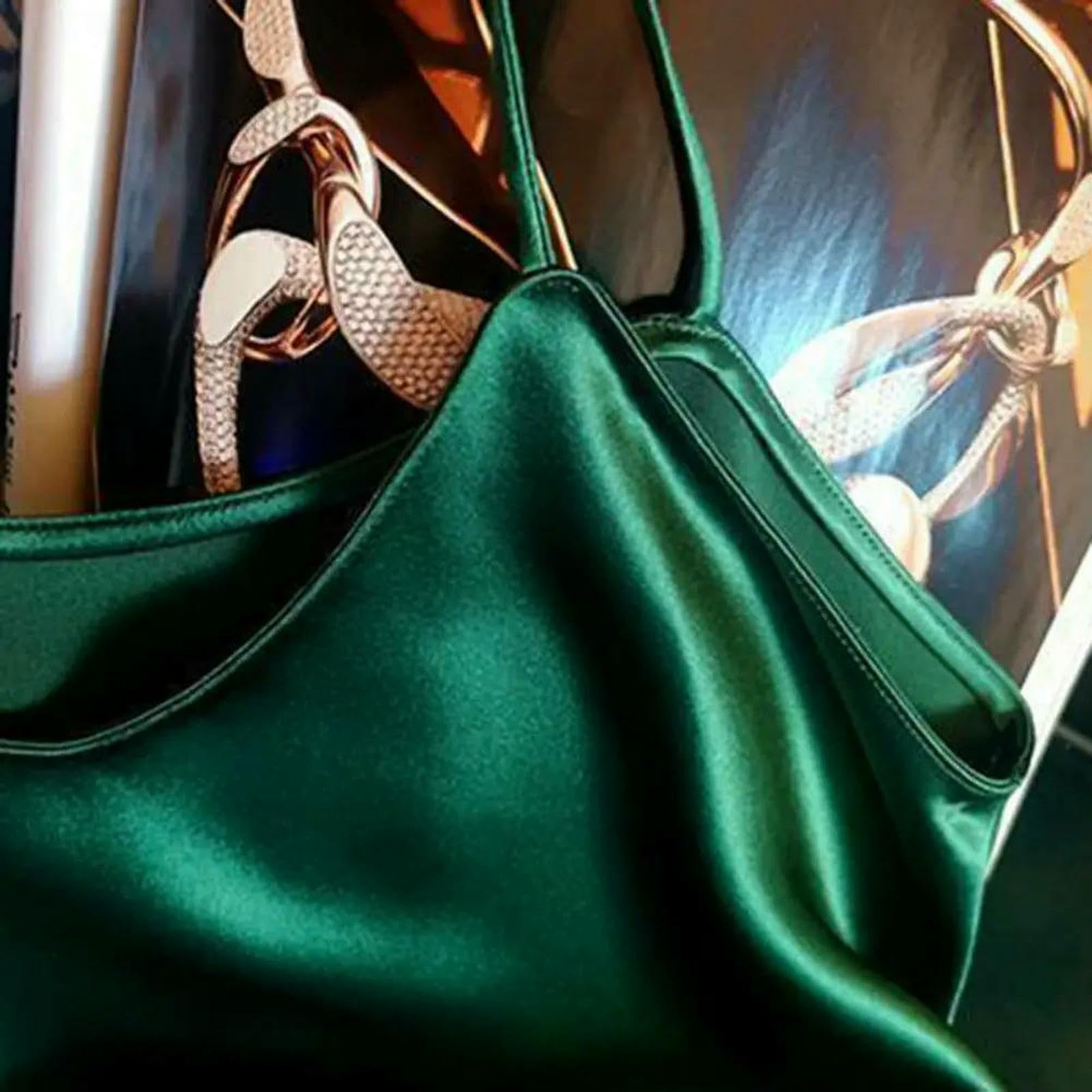 Abito Donna Lungo da in Satin con Scollo A V, Senza Maniche, Schienale, Lacci, Elegante Estivo Sera per Le Vacanze-Spumante-XL