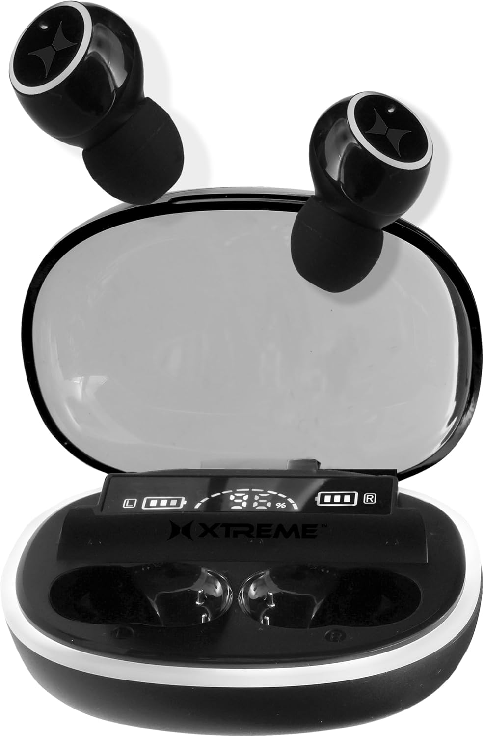 Xtreme RGB Wireless Earbuds in charging case, side view, showing the sleek design.