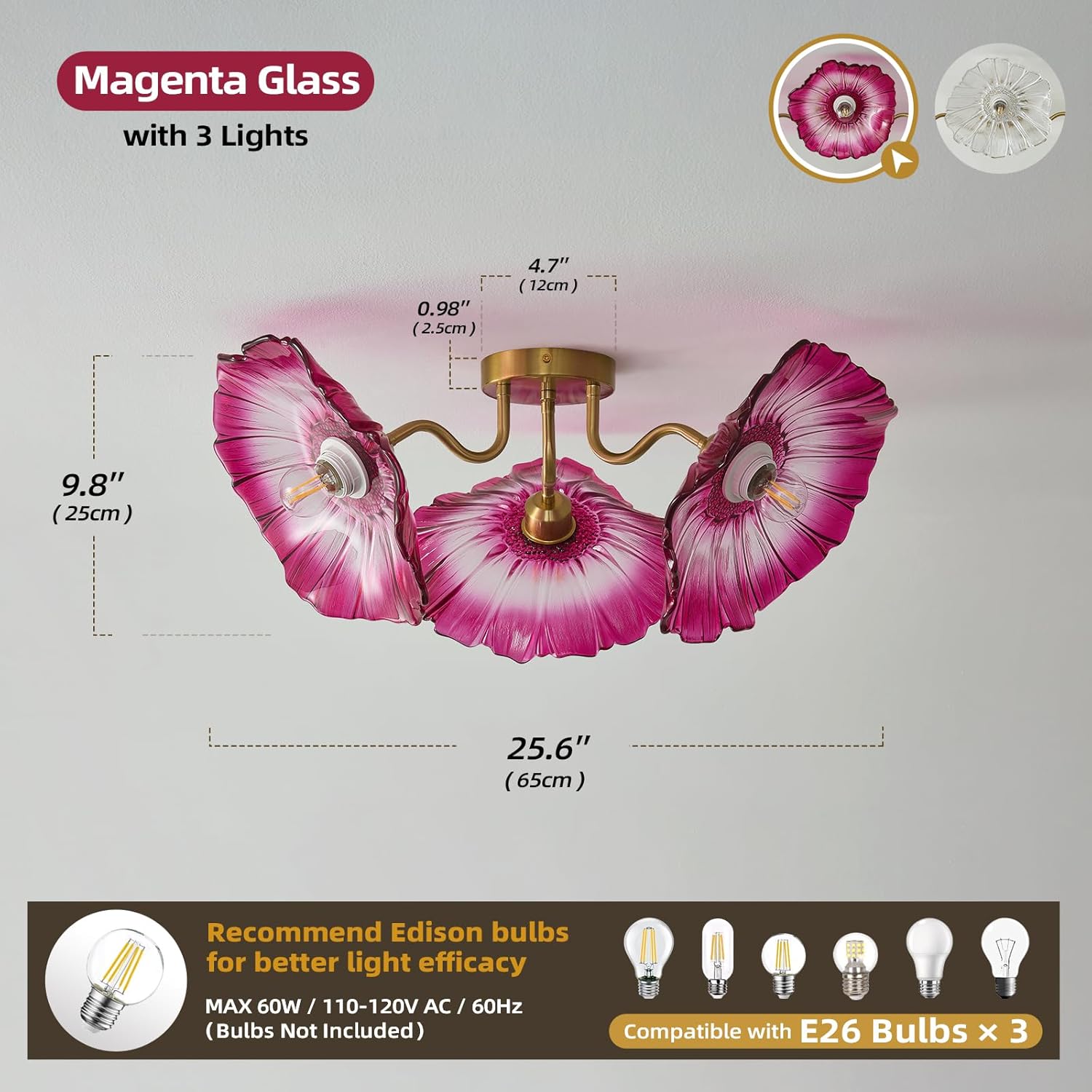 Flower Glass 3 Lights Ceiling Light - Red Vintage Floral Semi Flush Mount Chandelier Lighting Fixtures - Mid Century Modern Art Deco Lamps for Bedroom Bathroom Hallway Foyer Hall Kitchen Living Room