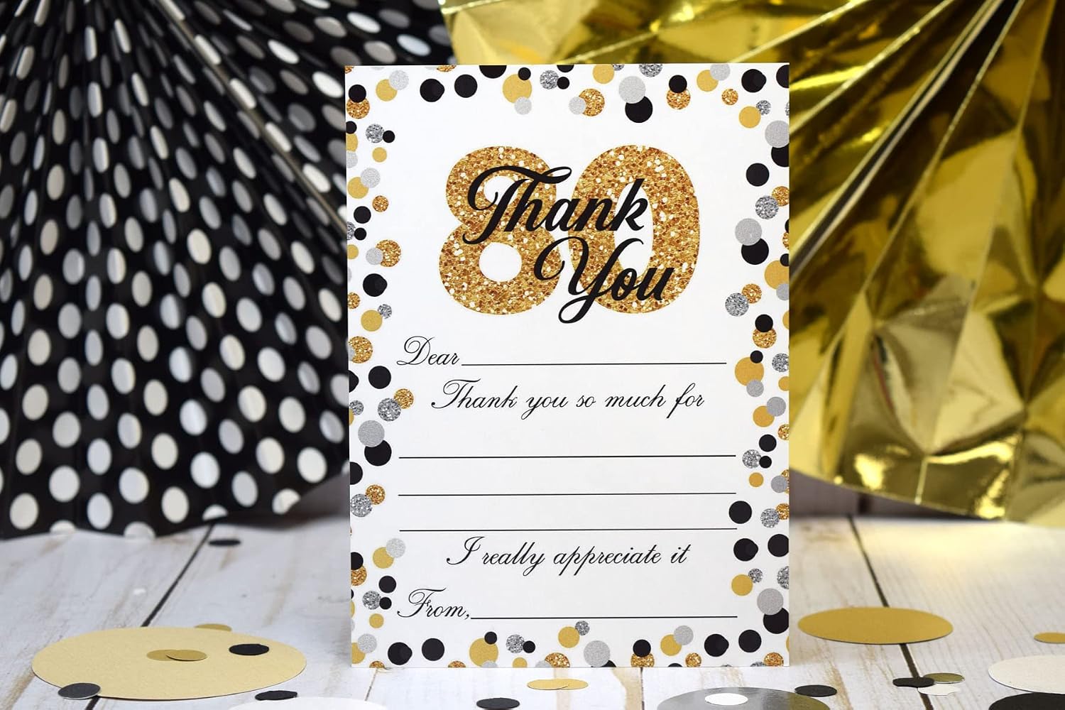 Amanda Creation 80th Birthday Thank You Cards, 10 Pack 4x5.5 80th Birthday Thank You Notes with Envelopes, Gold Black Confetti image 2